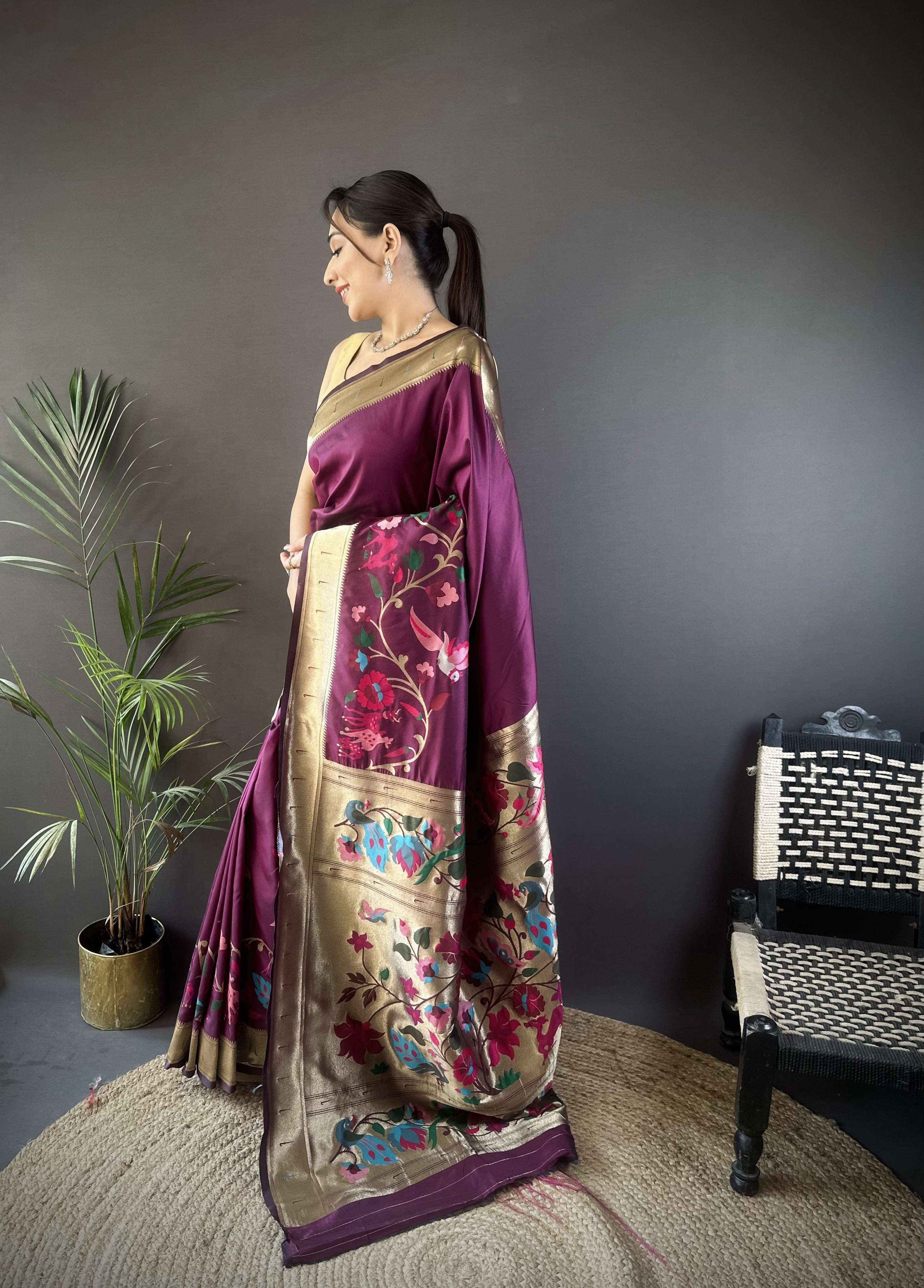 Sonakshi Women's Wine Paithani Silk Zari Woven Traditional Saree with Blouse