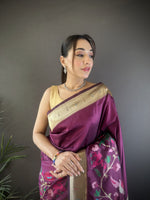 Thumbnail for Sonakshi Women's Wine Paithani Silk Zari Woven Traditional Saree with Blouse