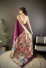 Thumbnail for Sonakshi Women's Wine Paithani Silk Zari Woven Traditional Saree with Blouse