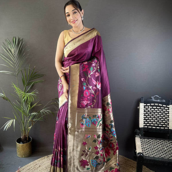 Sonakshi Women's Wine Paithani Silk Zari Woven Traditional Saree with Blouse - Distacart