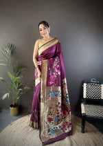 Thumbnail for Sonakshi Women's Wine Paithani Silk Zari Woven Traditional Saree with Blouse