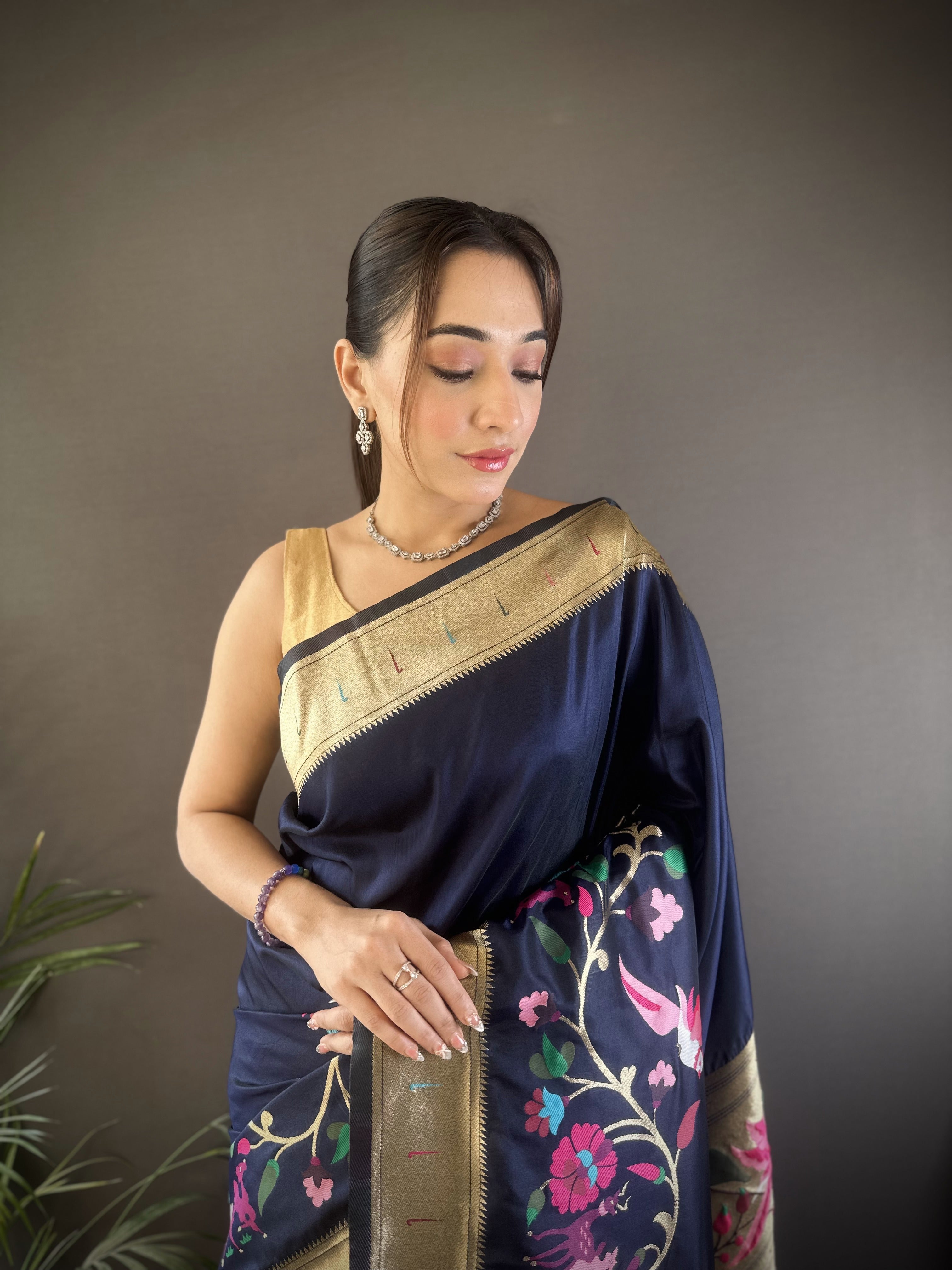 Sonakshi Women's Navy Blue Paithani Silk Zari Woven Traditional Saree with Blouse