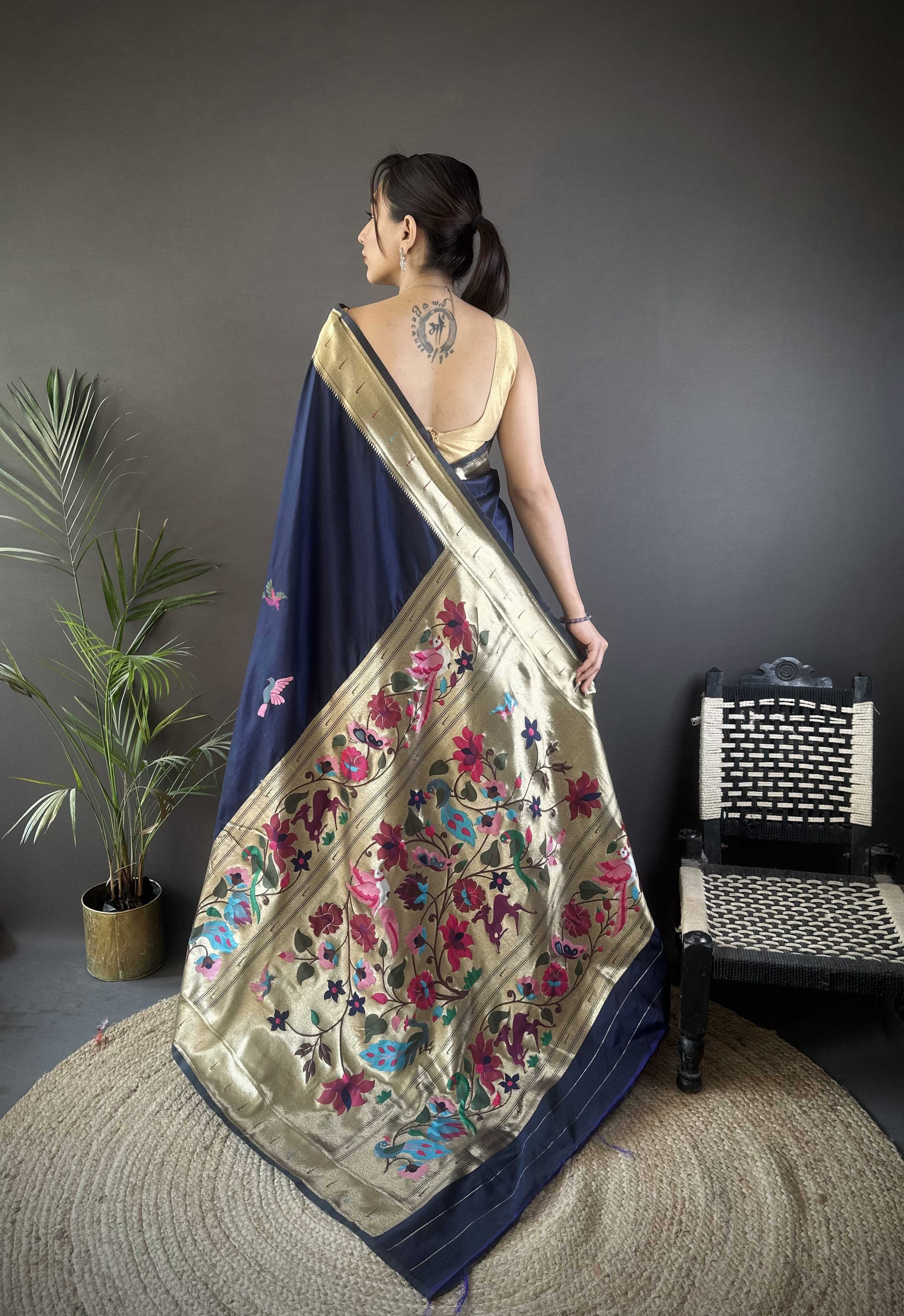 Sonakshi Women's Navy Blue Paithani Silk Zari Woven Traditional Saree with Blouse