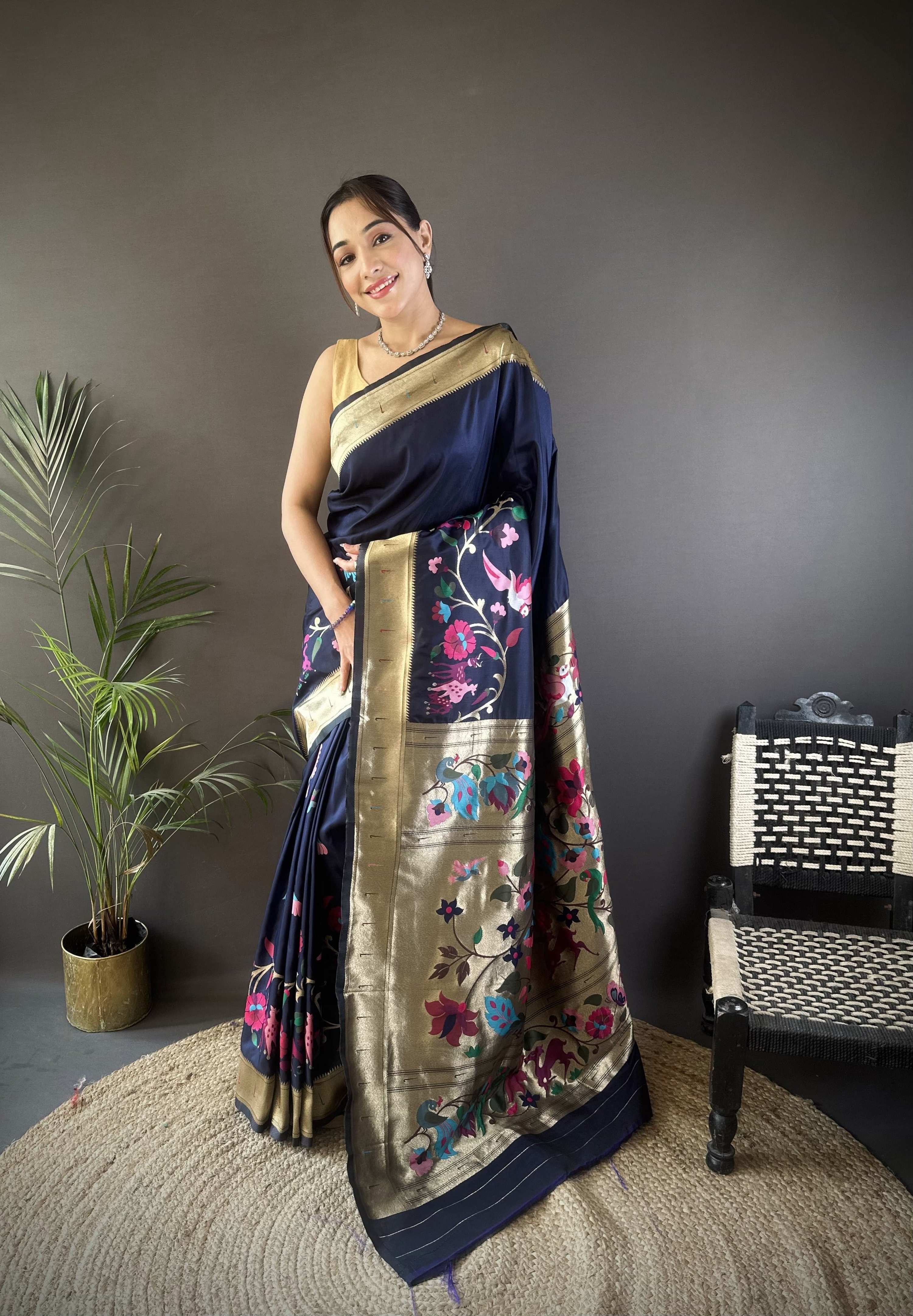 Sonakshi Women's Navy Blue Paithani Silk Zari Woven Traditional Saree with Blouse