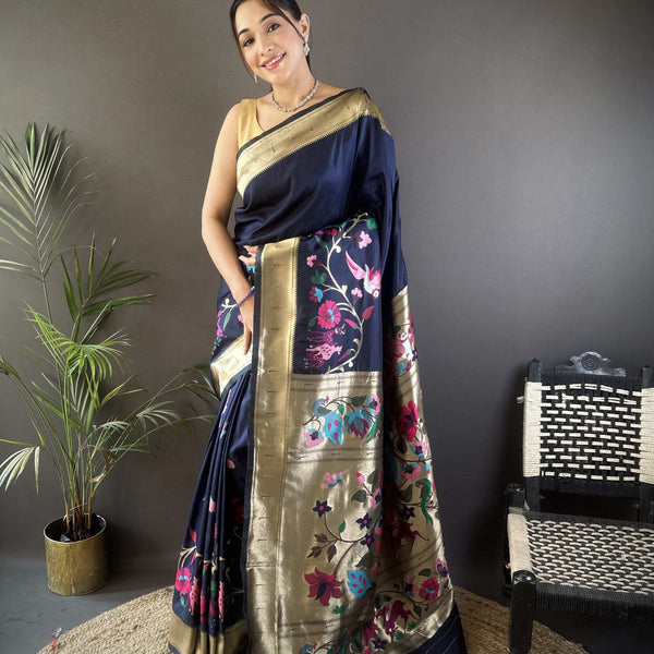 Sonakshi Women's Navy Blue Paithani Silk Zari Woven Traditional Saree with Blouse - Distacart
