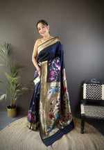 Thumbnail for Sonakshi Women's Navy Blue Paithani Silk Zari Woven Traditional Saree with Blouse
