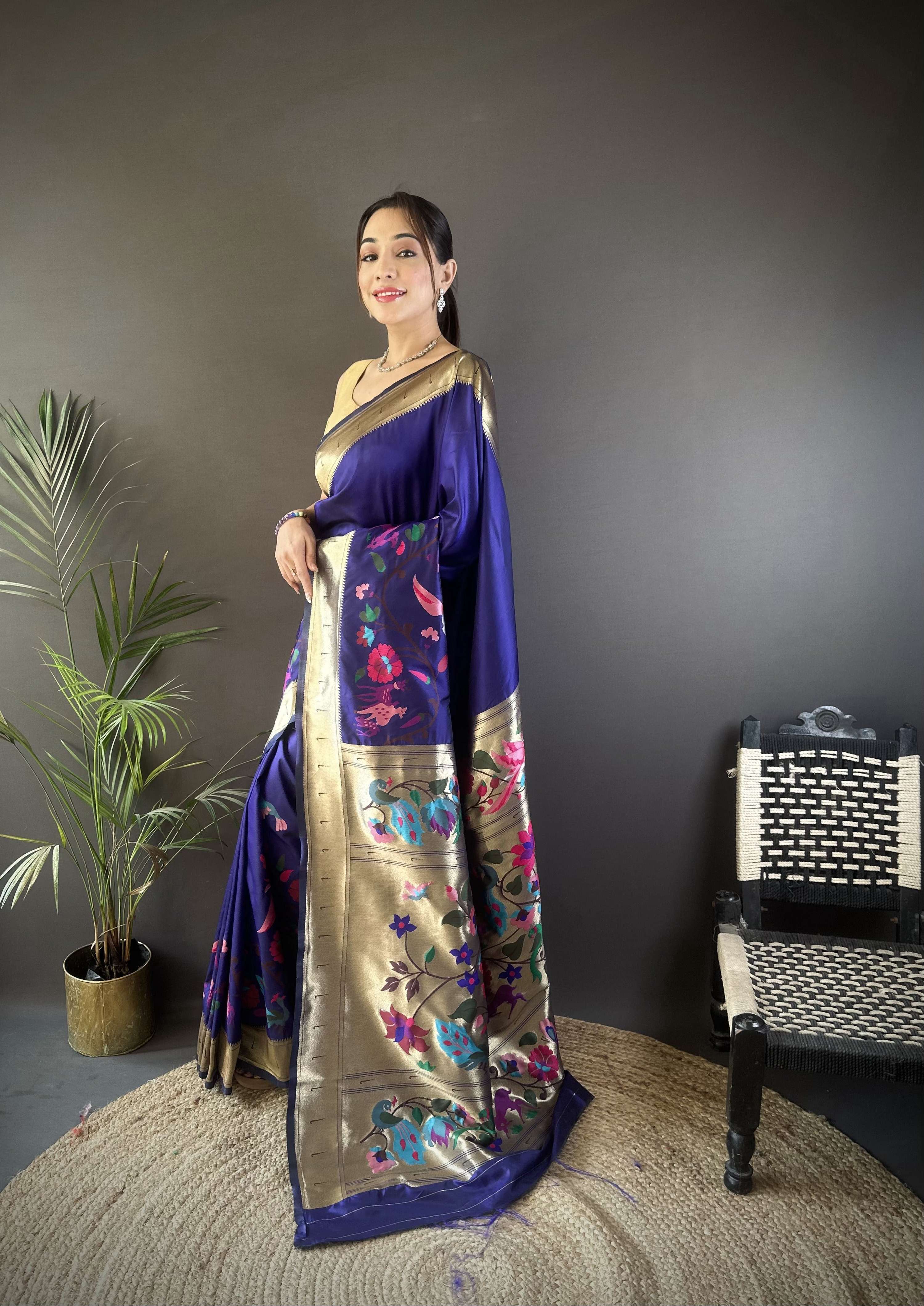 Sonakshi Women's Royal Blue Paithani Silk Zari Woven Traditional Saree with Blouse