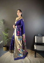 Thumbnail for Sonakshi Women's Royal Blue Paithani Silk Zari Woven Traditional Saree with Blouse