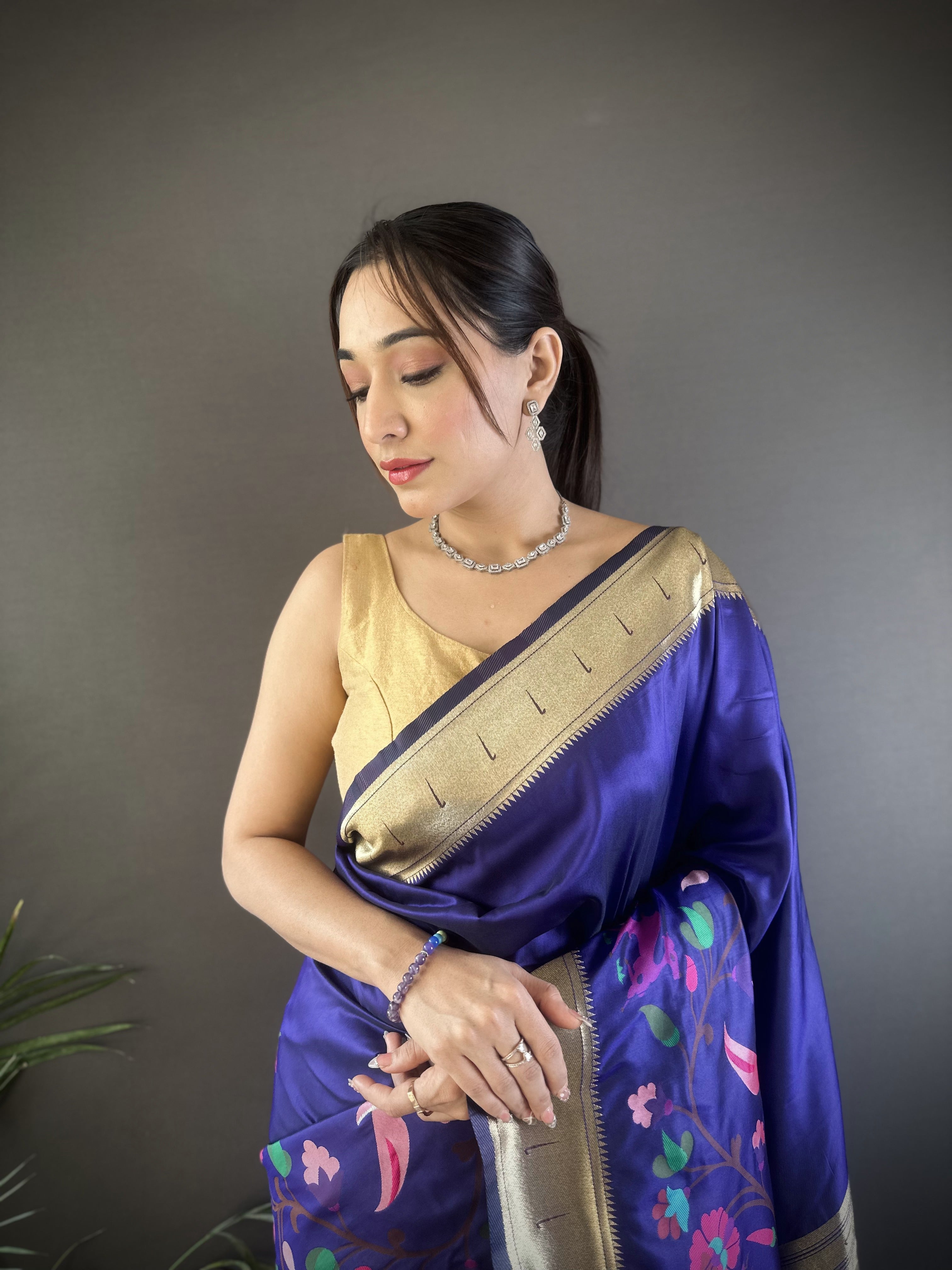 Sonakshi Women's Royal Blue Paithani Silk Zari Woven Traditional Saree with Blouse
