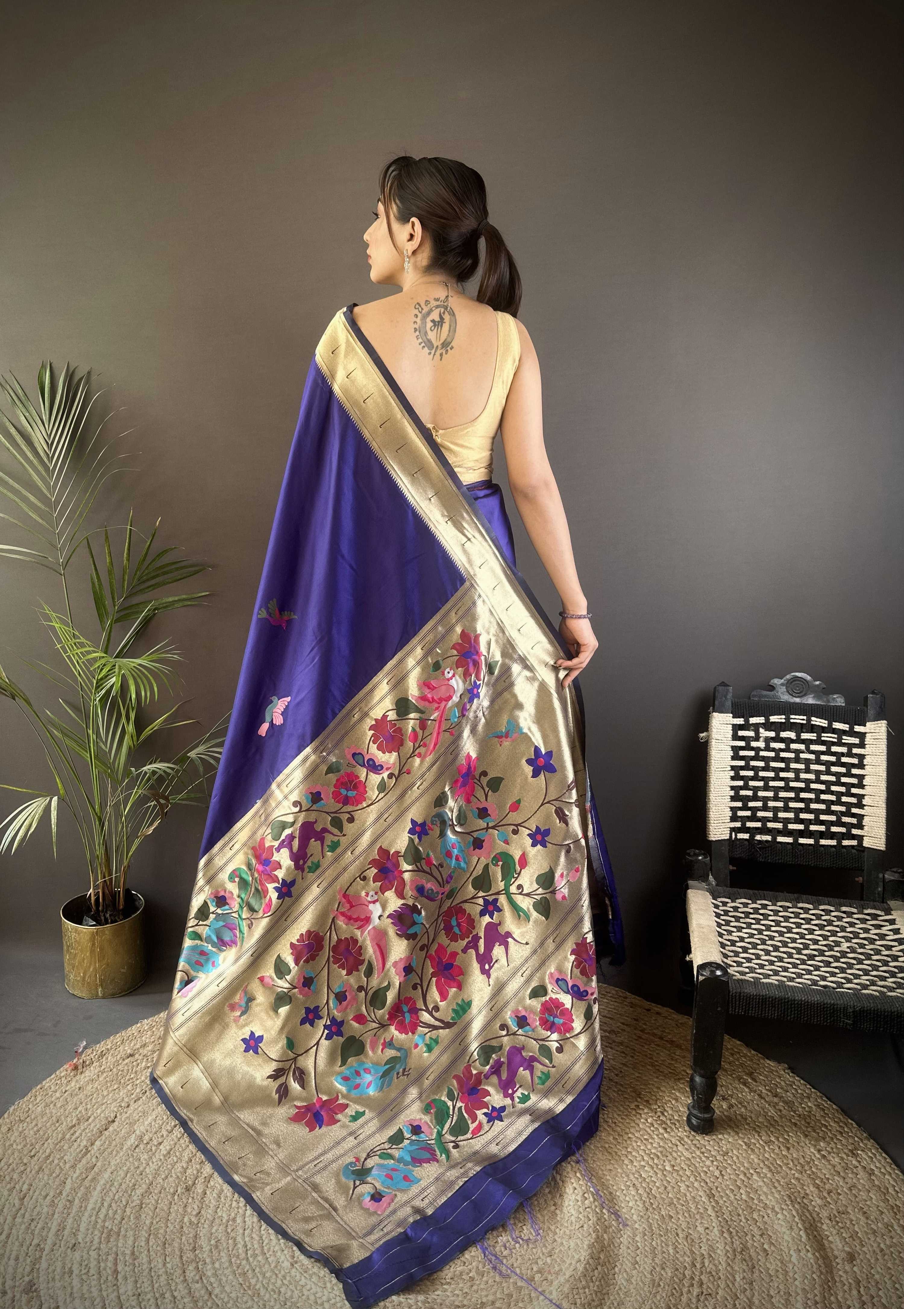 Sonakshi Women's Royal Blue Paithani Silk Zari Woven Traditional Saree with Blouse