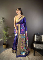 Thumbnail for Sonakshi Women's Royal Blue Paithani Silk Zari Woven Traditional Saree with Blouse