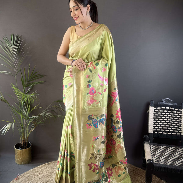 Sonakshi Women's Pista Paithani Silk Zari Woven Traditional Saree with Blouse - Distacart