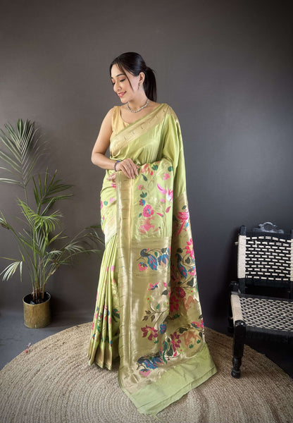 Sonakshi Women's Pista Paithani Silk Zari Woven Traditional Saree with Blouse