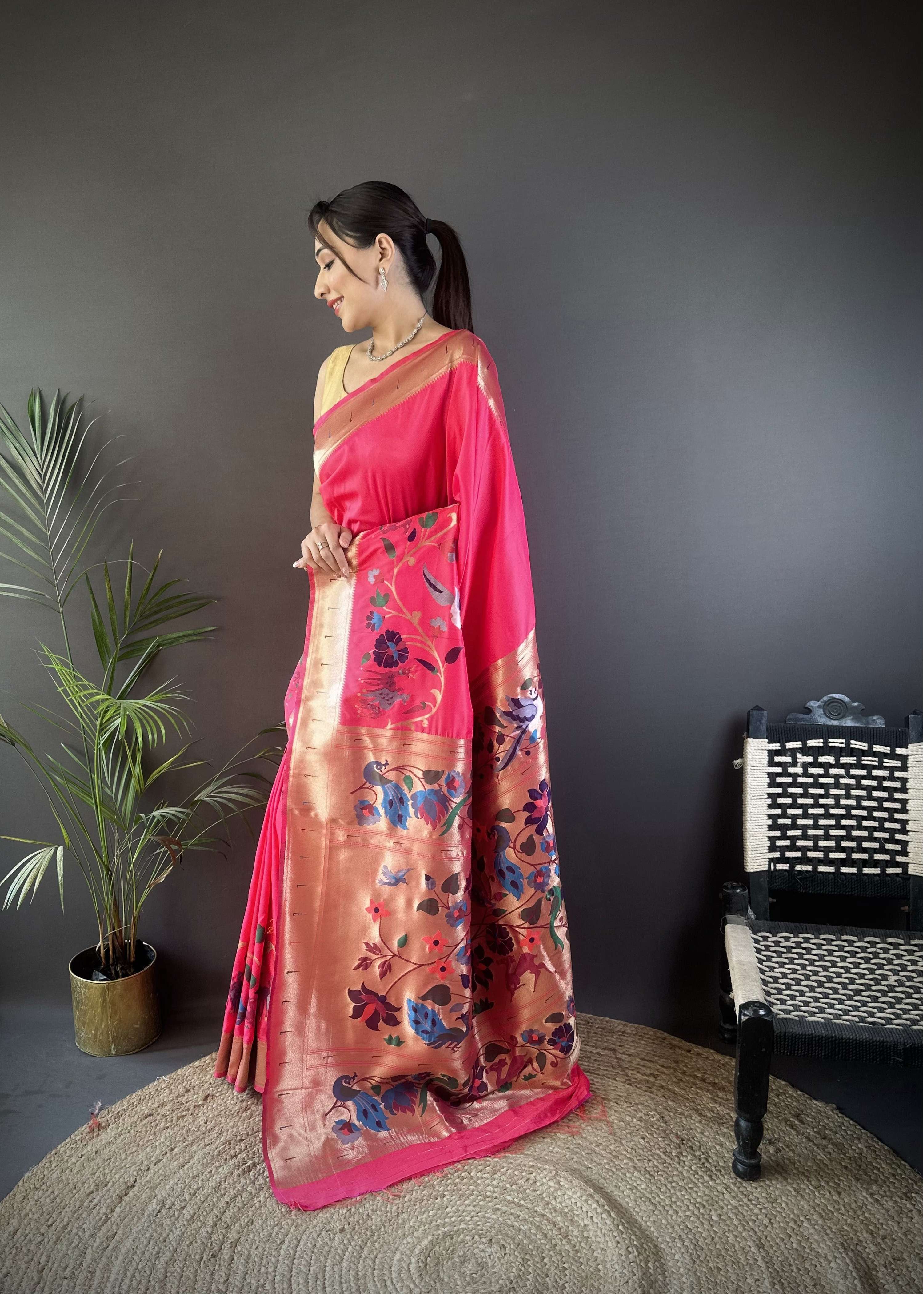 Sonakshi Women's Pink Paithani Silk Zari Woven Traditional Saree with Blouse