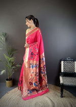 Thumbnail for Sonakshi Women's Pink Paithani Silk Zari Woven Traditional Saree with Blouse