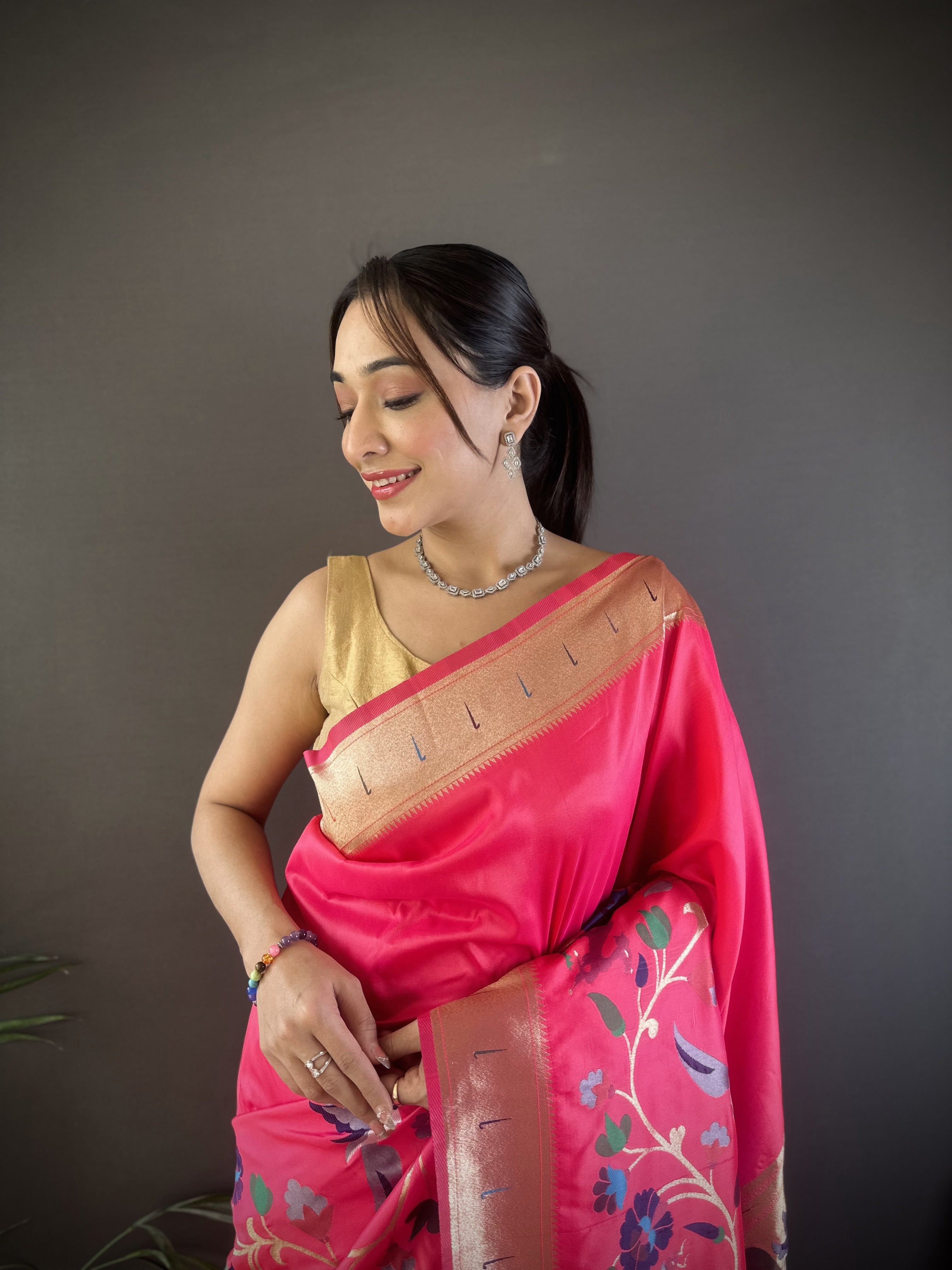 Sonakshi Women's Pink Paithani Silk Zari Woven Traditional Saree with Blouse