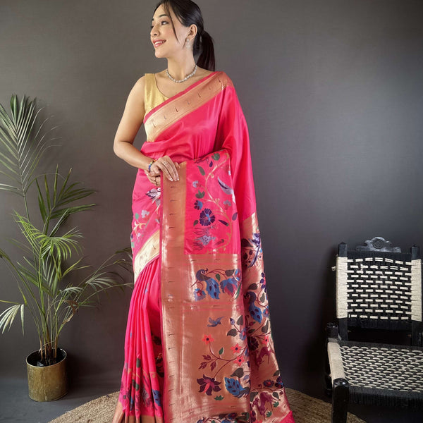 Sonakshi Women's Pink Paithani Silk Zari Woven Traditional Saree with Blouse - Distacart