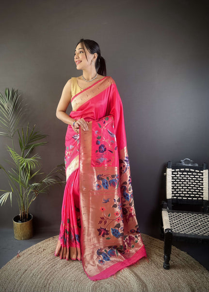 Sonakshi Women's Pink Paithani Silk Zari Woven Traditional Saree with Blouse