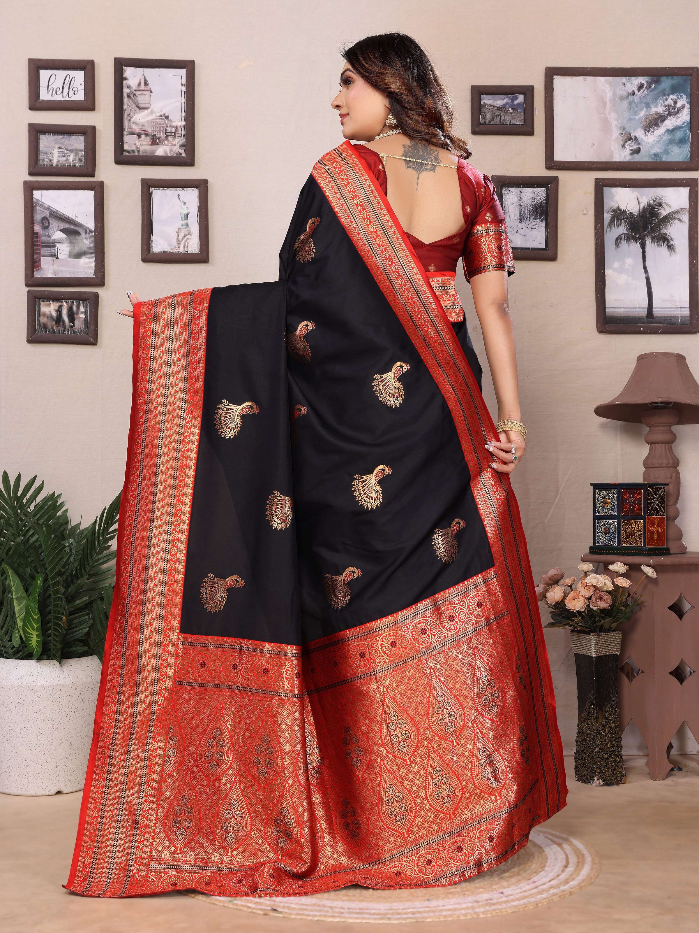 Sonakshi Women's Black Banarasi Silk Zari Woven Traditional Saree with Blouse