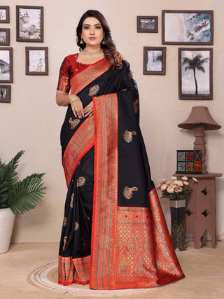 Sonakshi Women's Black Banarasi Silk Zari Woven Traditional Saree with Blouse