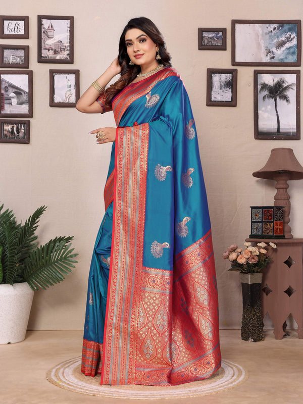 Sonakshi Women's Morepeach Banarasi Silk Zari Woven Traditional Saree with Blouse
