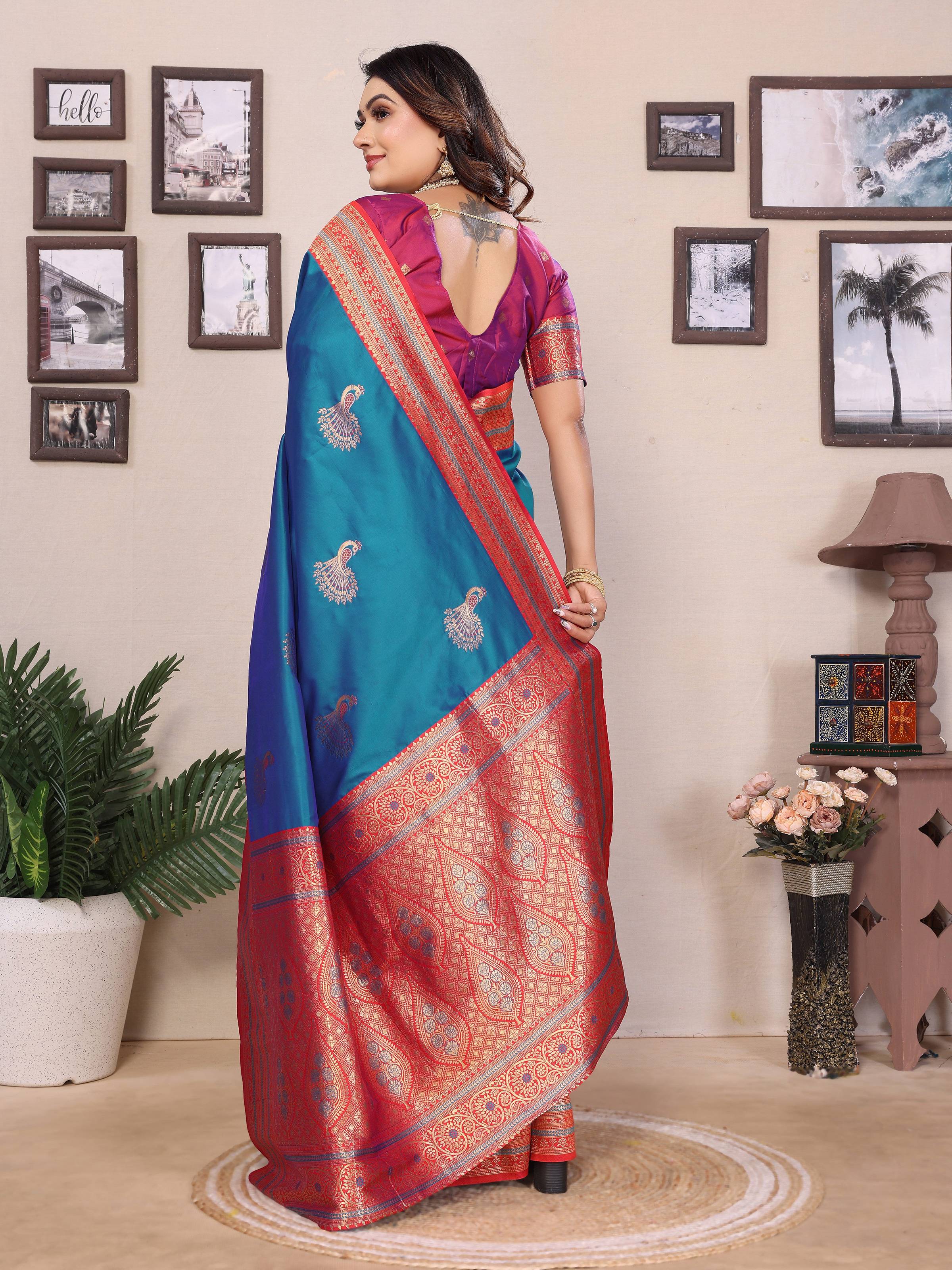 Sonakshi Women's Morepeach Banarasi Silk Zari Woven Traditional Saree with Blouse