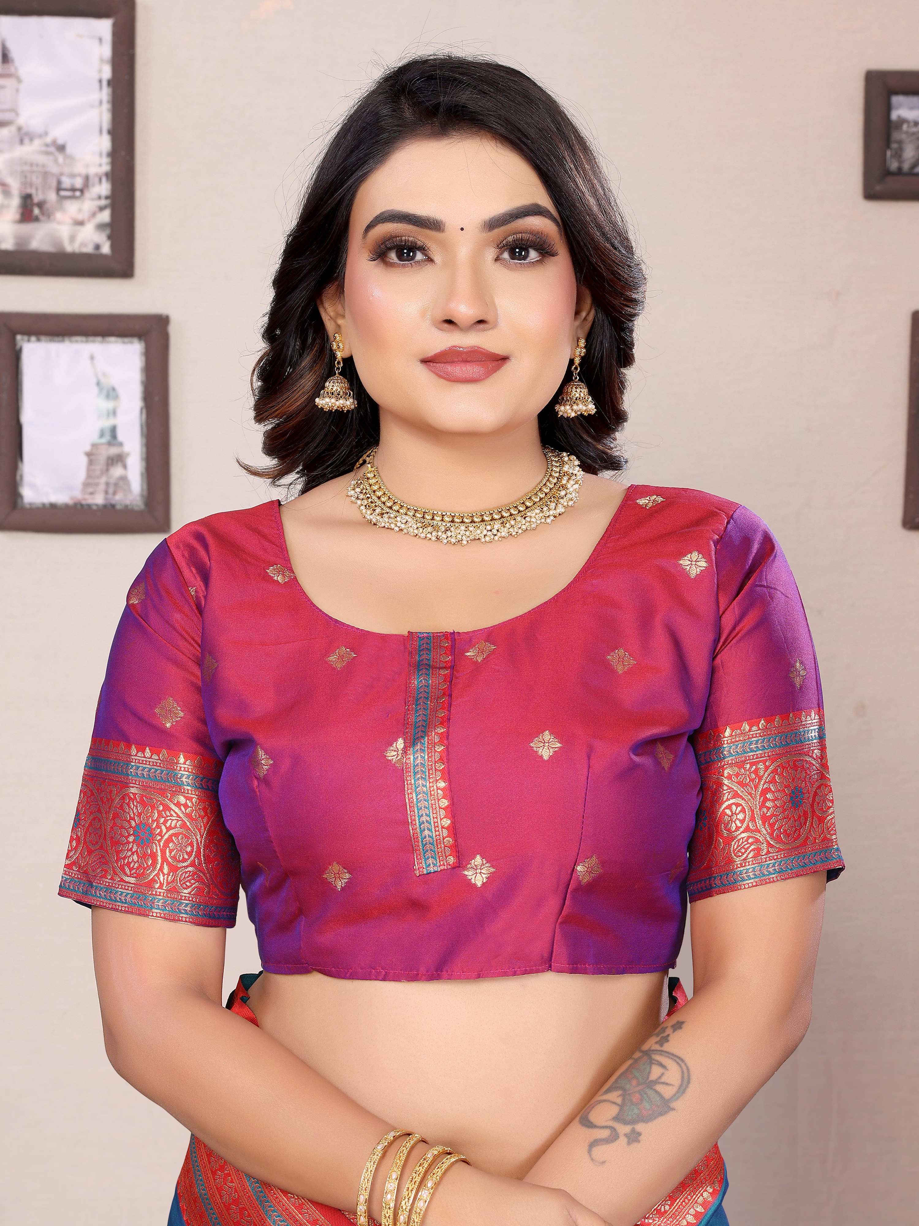 Sonakshi Women's Morepeach Banarasi Silk Zari Woven Traditional Saree with Blouse
