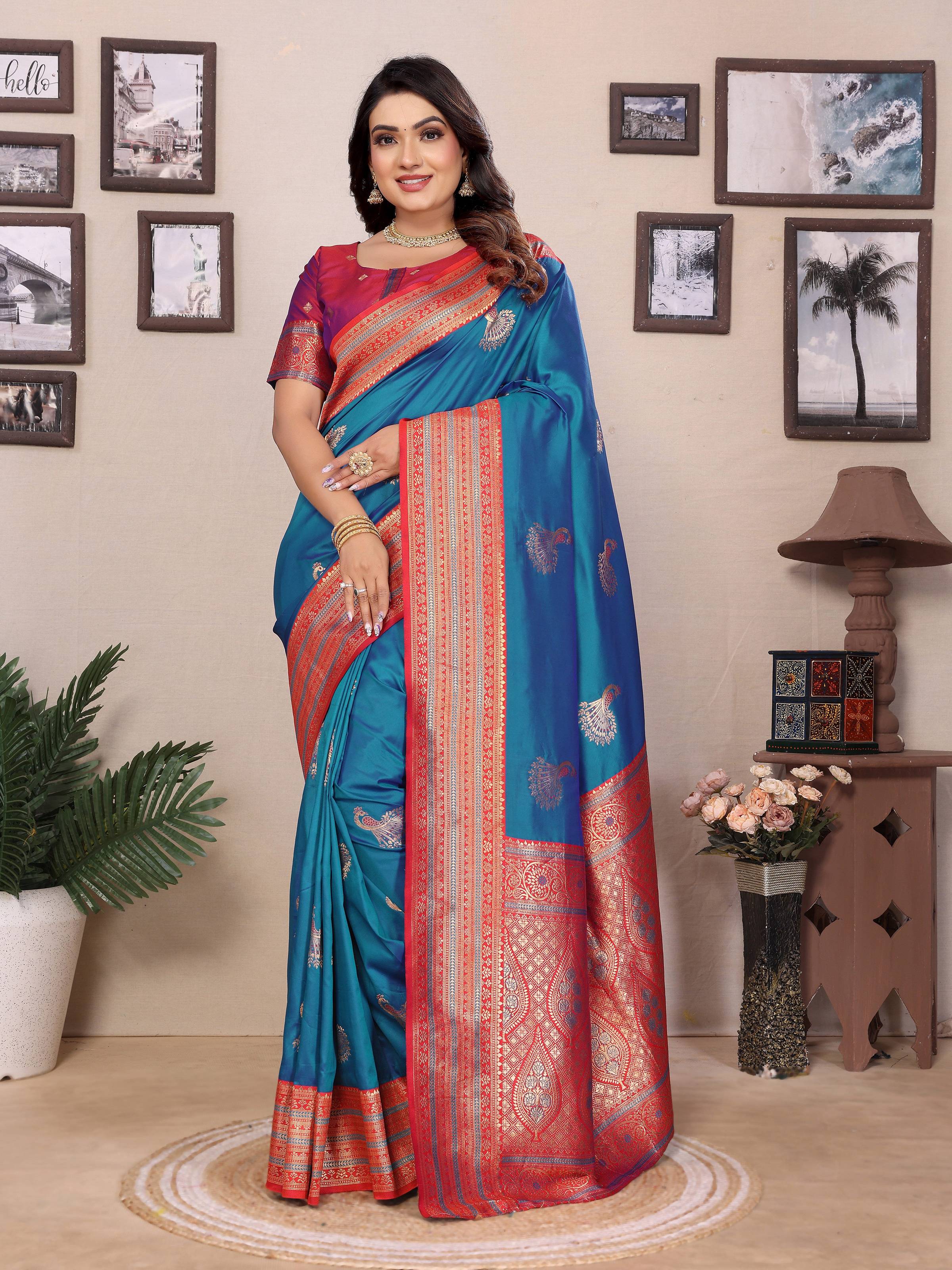 Sonakshi Women's Morepeach Banarasi Silk Zari Woven Traditional Saree with Blouse