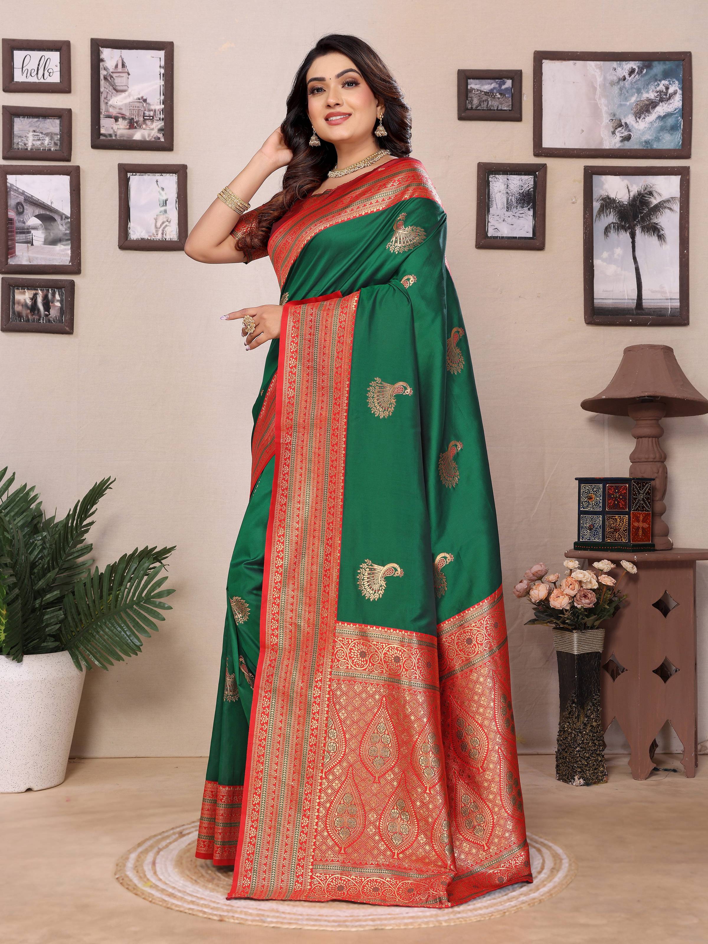 Sonakshi Women's Green Banarasi Silk Zari Woven Traditional Saree with Blouse