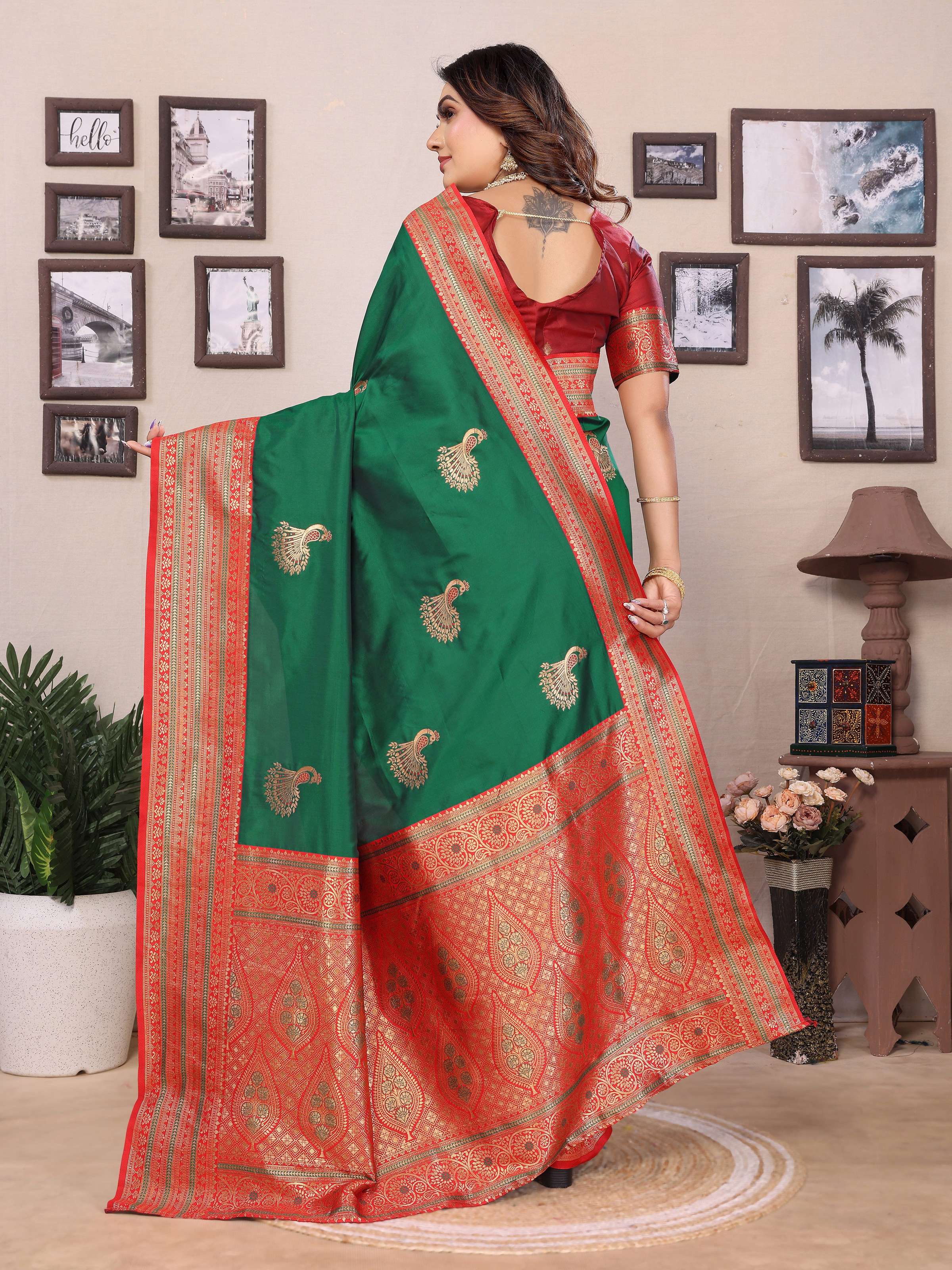 Sonakshi Women's Green Banarasi Silk Zari Woven Traditional Saree with Blouse