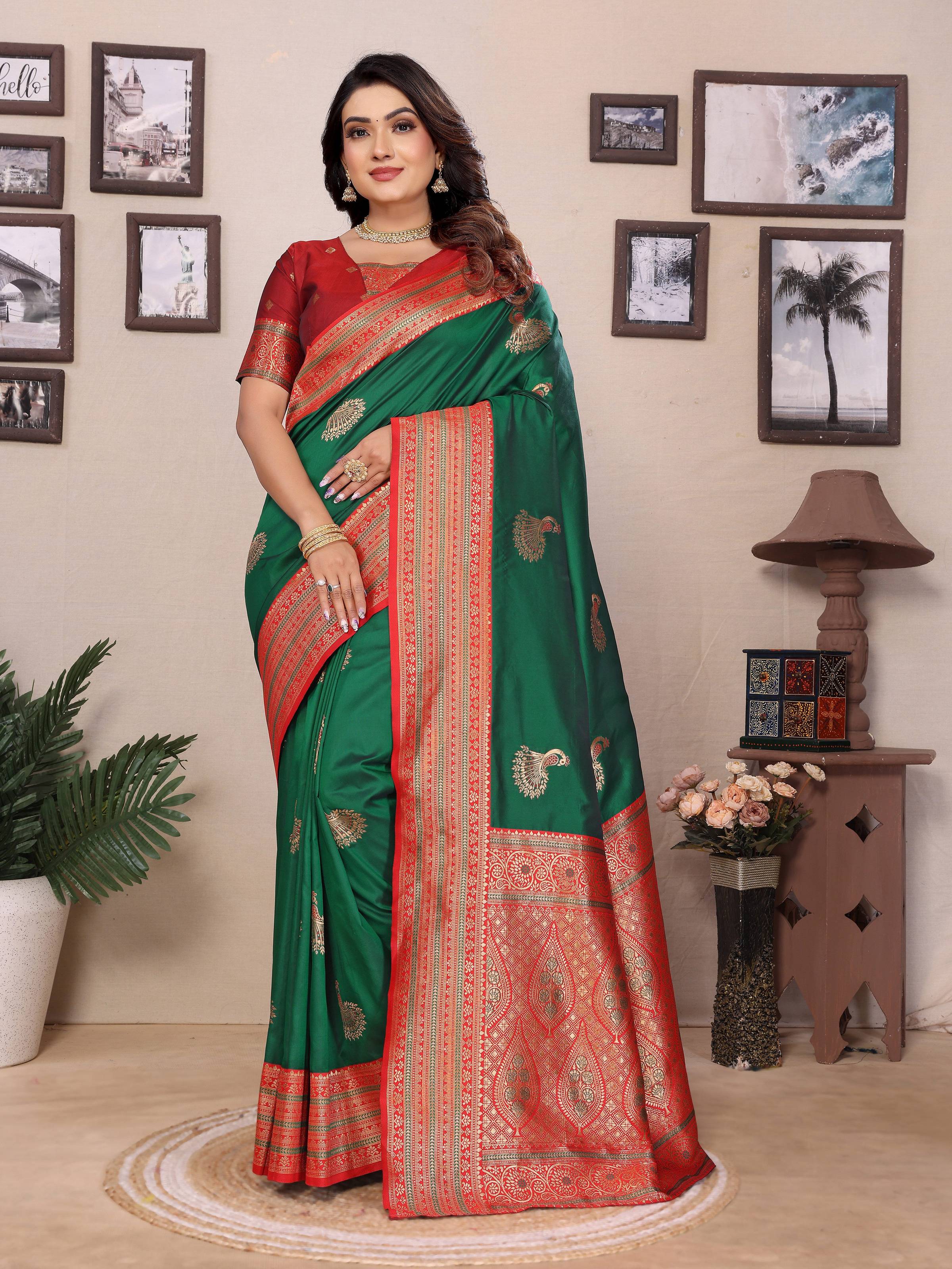 Sonakshi Women's Green Banarasi Silk Zari Woven Traditional Saree with Blouse
