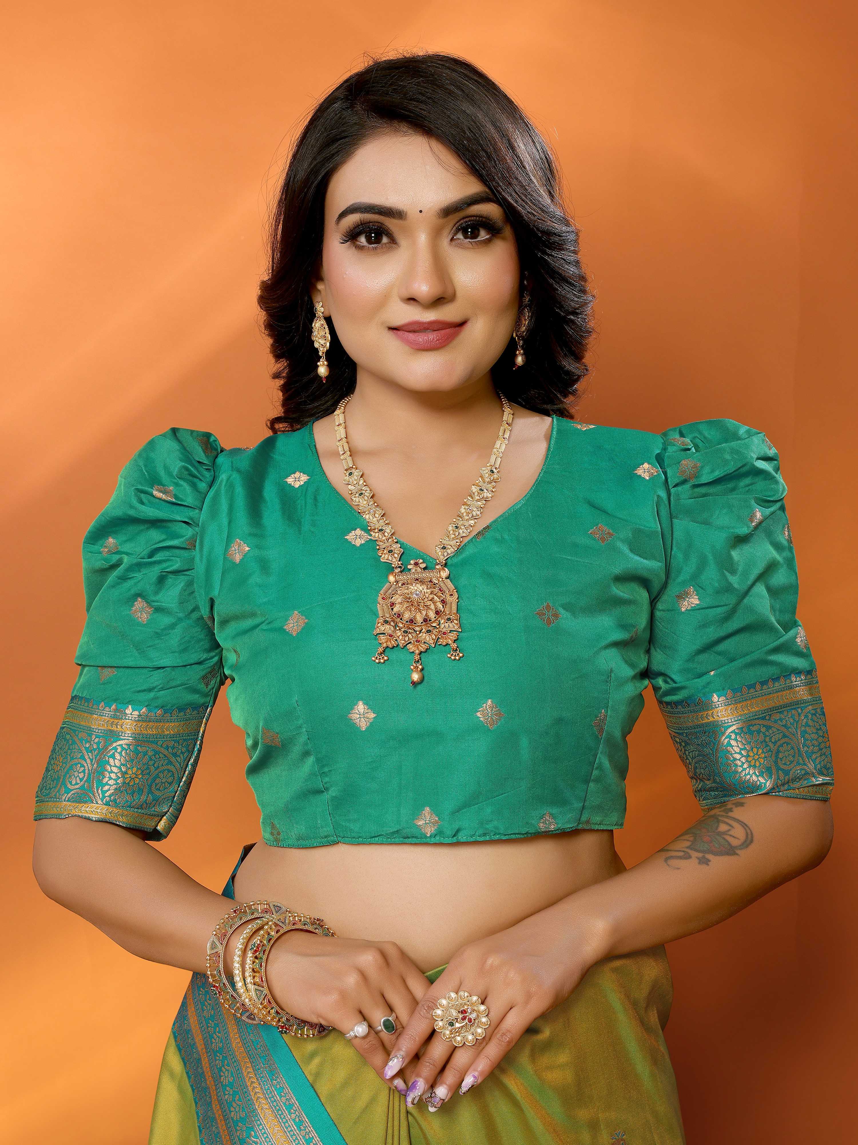 Sonakshi Women's Parrot Banarasi Silk Zari Woven Traditional Saree with Blouse