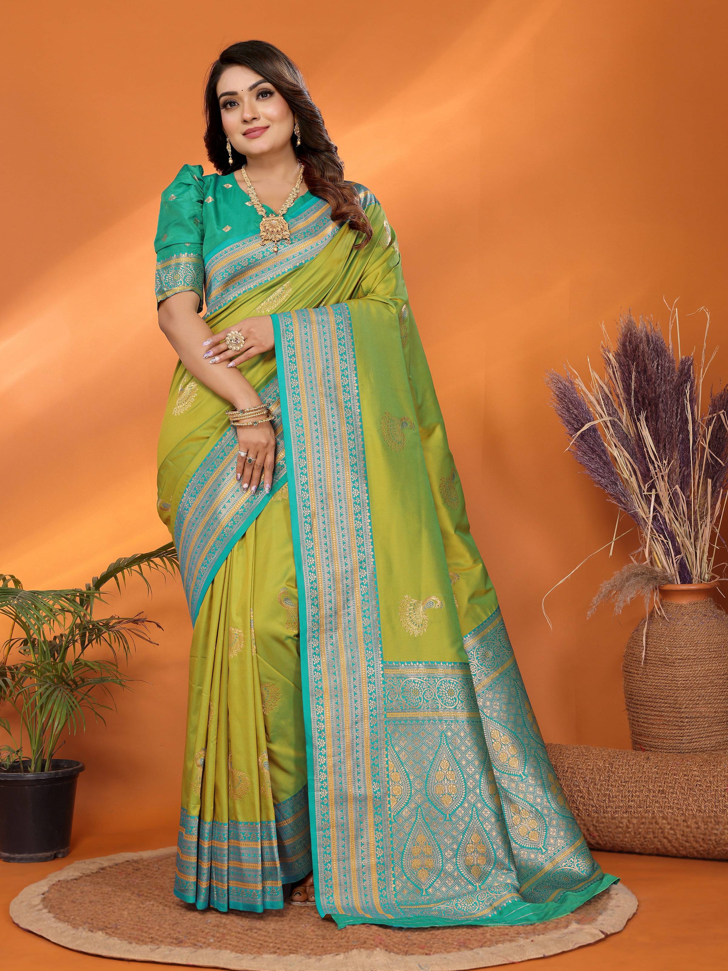 Sonakshi Women's Parrot Banarasi Silk Zari Woven Traditional Saree with Blouse