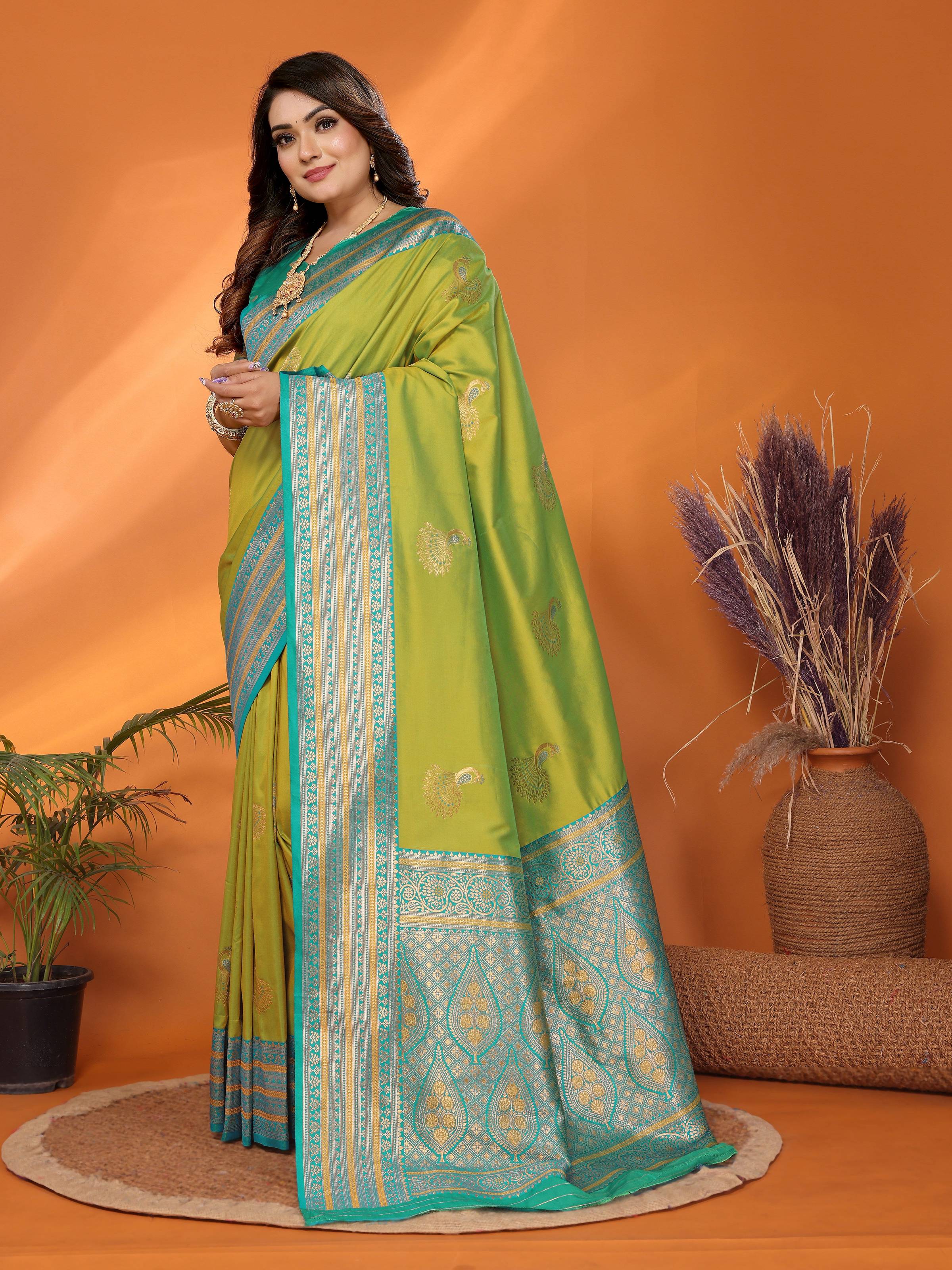 Sonakshi Women's Parrot Banarasi Silk Zari Woven Traditional Saree with Blouse