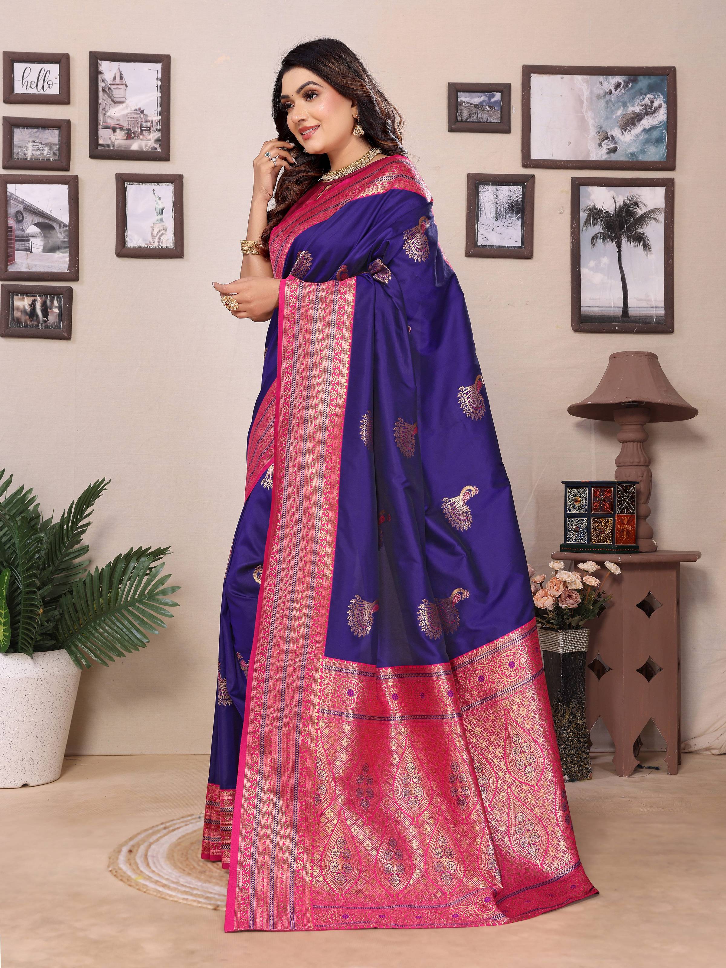 Sonakshi Women's Royal Blue Banarasi Silk Zari Woven Traditional Saree with Blouse