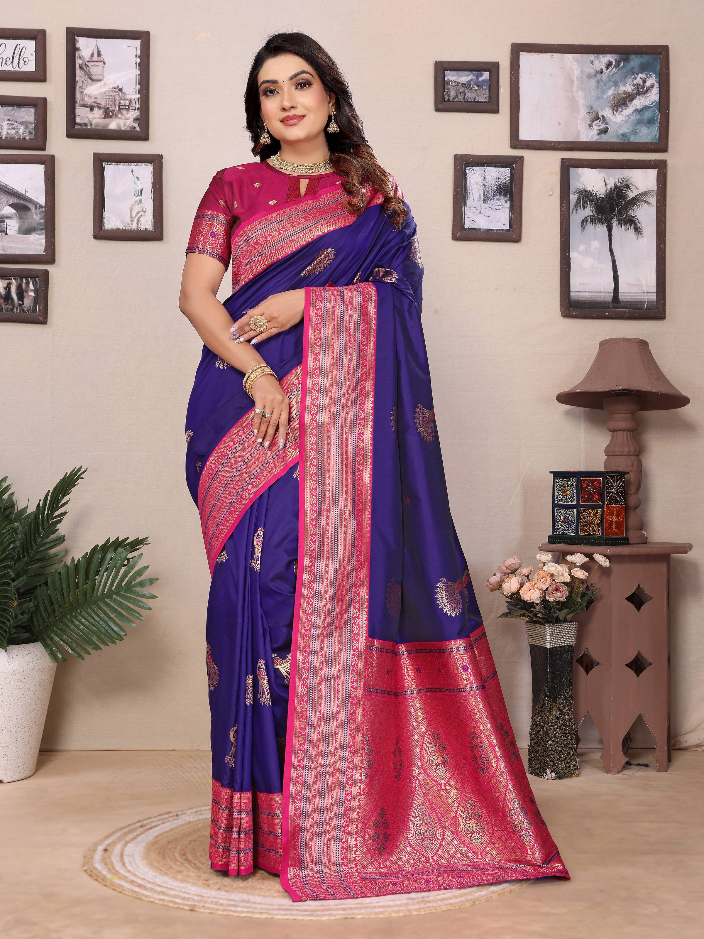 Sonakshi Women's Royal Blue Banarasi Silk Zari Woven Traditional Saree with Blouse