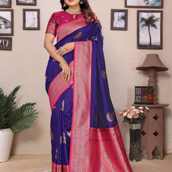 Sonakshi Women's Royal Blue Banarasi Silk Zari Woven Traditional Saree with Blouse - Distacart