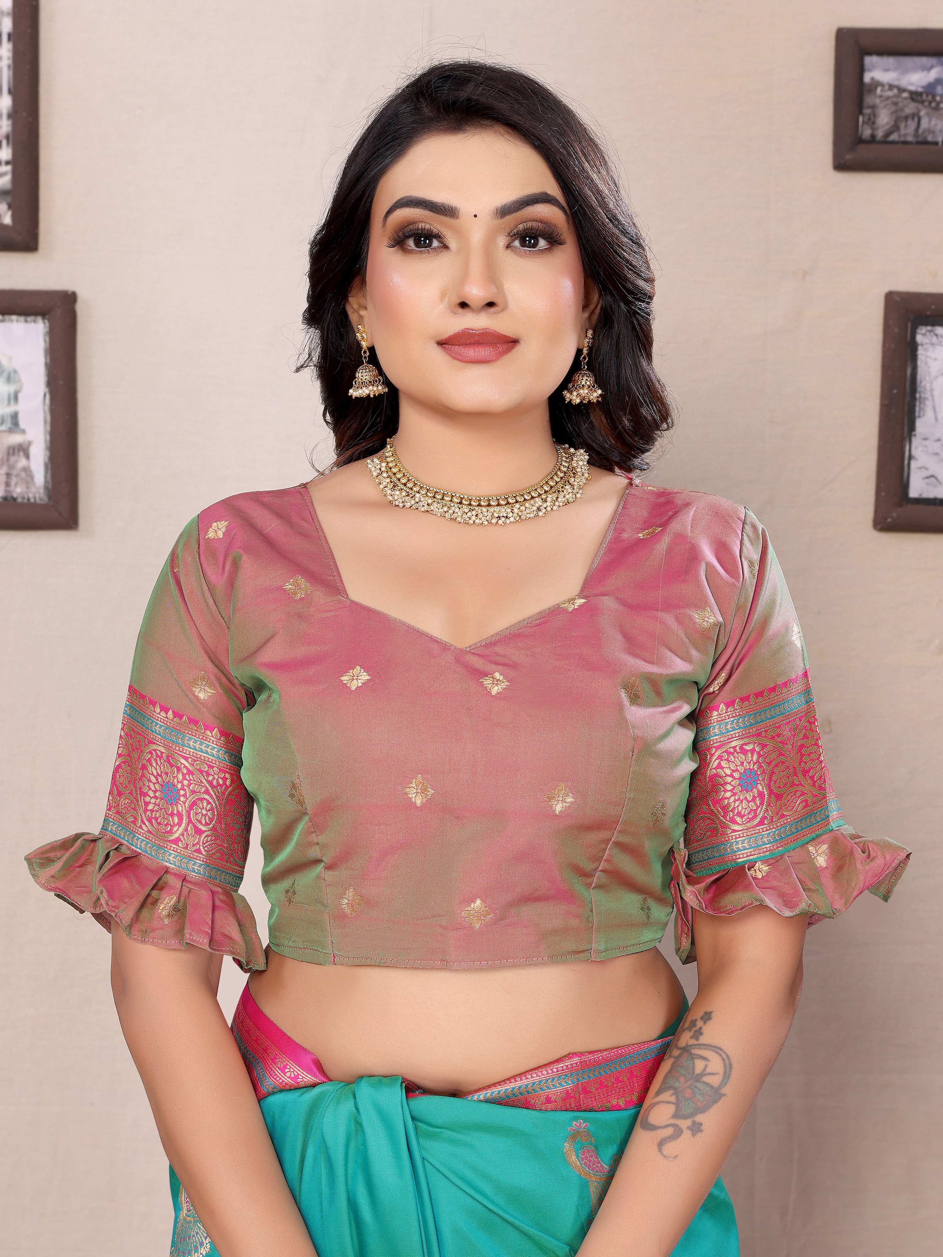 Sonakshi Women's Teal Banarasi Silk Zari Woven Traditional Saree with Blouse