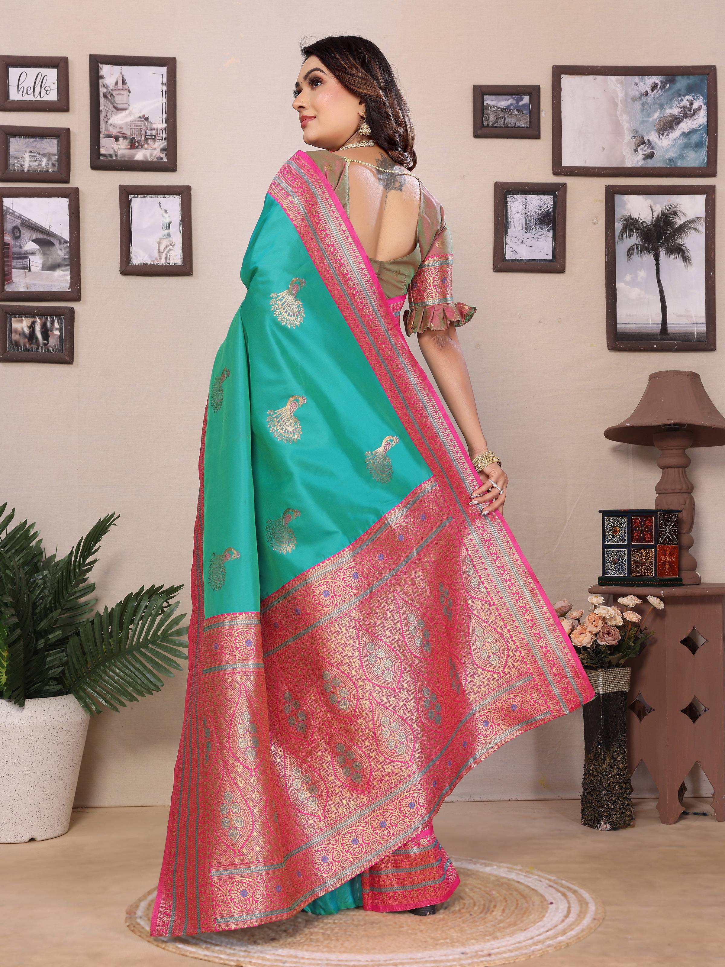 Sonakshi Women's Teal Banarasi Silk Zari Woven Traditional Saree with Blouse