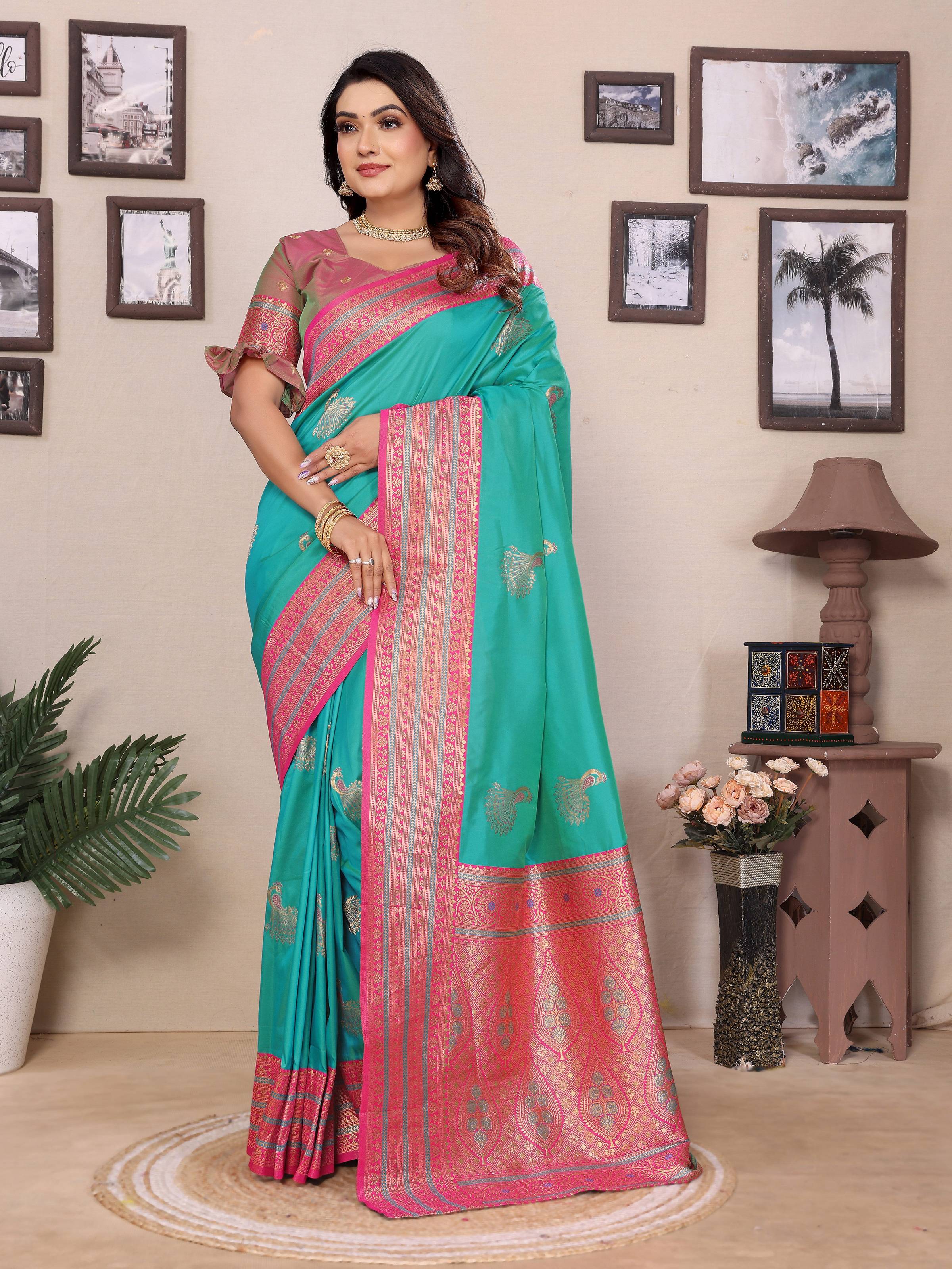 Sonakshi Women's Teal Banarasi Silk Zari Woven Traditional Saree with Blouse