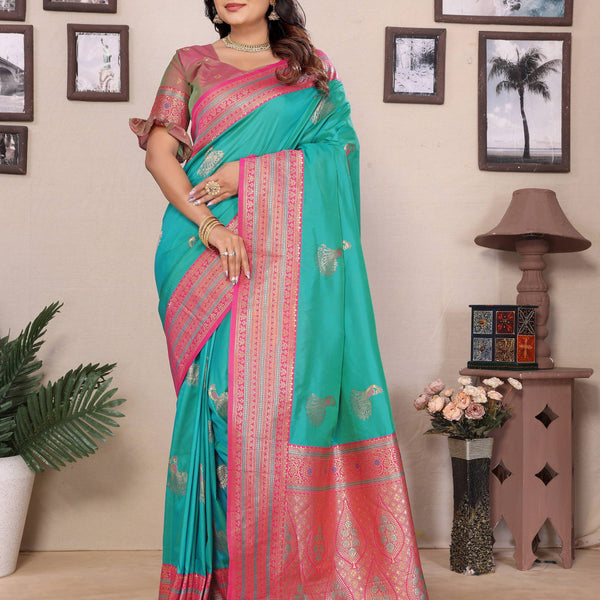 Sonakshi Women's Teal Banarasi Silk Zari Woven Traditional Saree with Blouse - Distacart