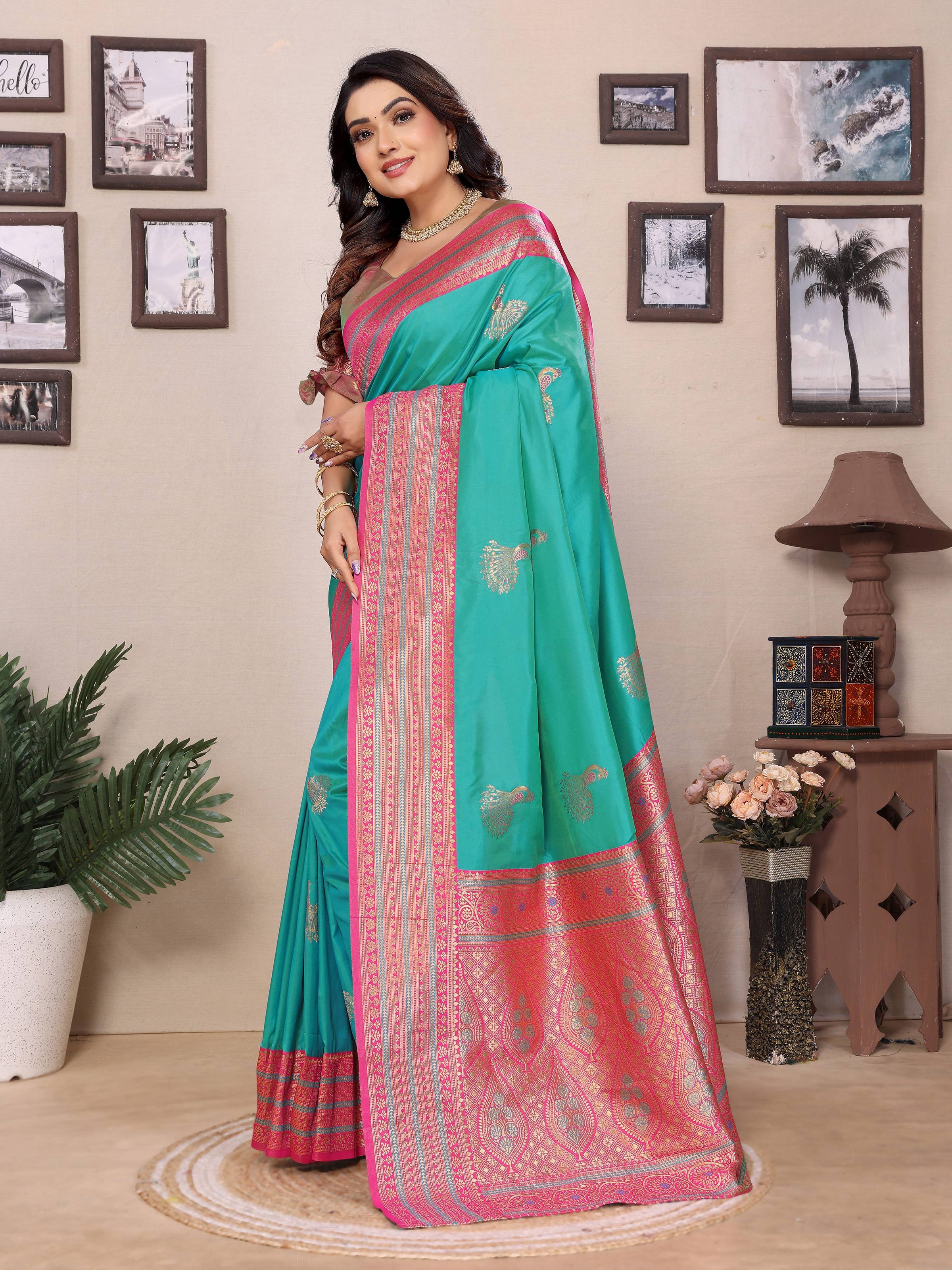 Sonakshi Women's Teal Banarasi Silk Zari Woven Traditional Saree with Blouse