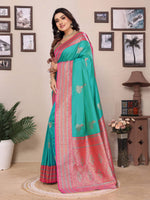 Thumbnail for Sonakshi Women's Teal Banarasi Silk Zari Woven Traditional Saree with Blouse