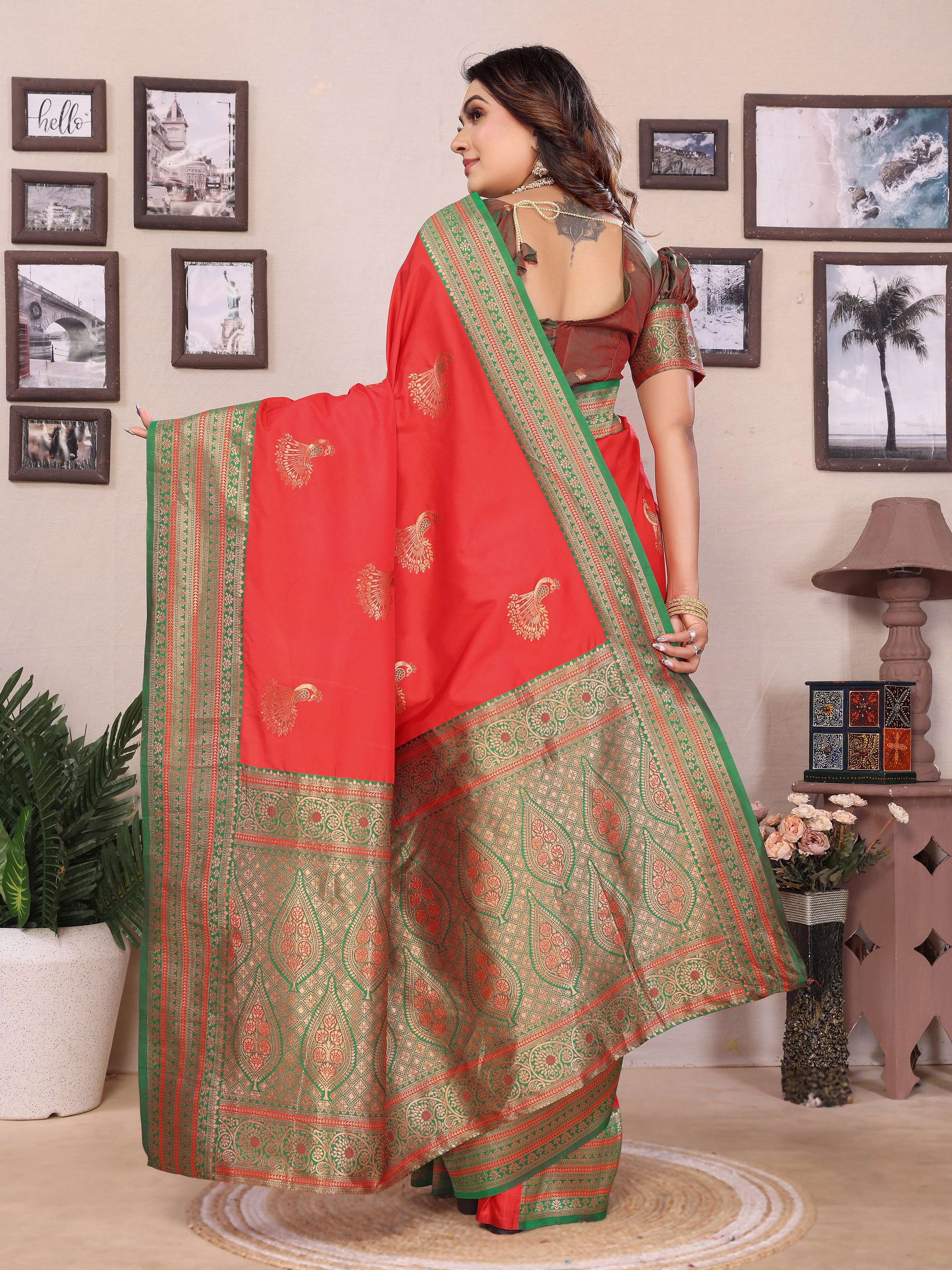 Sonakshi Women's Red Banarasi Silk Zari Woven Traditional Saree with Blouse