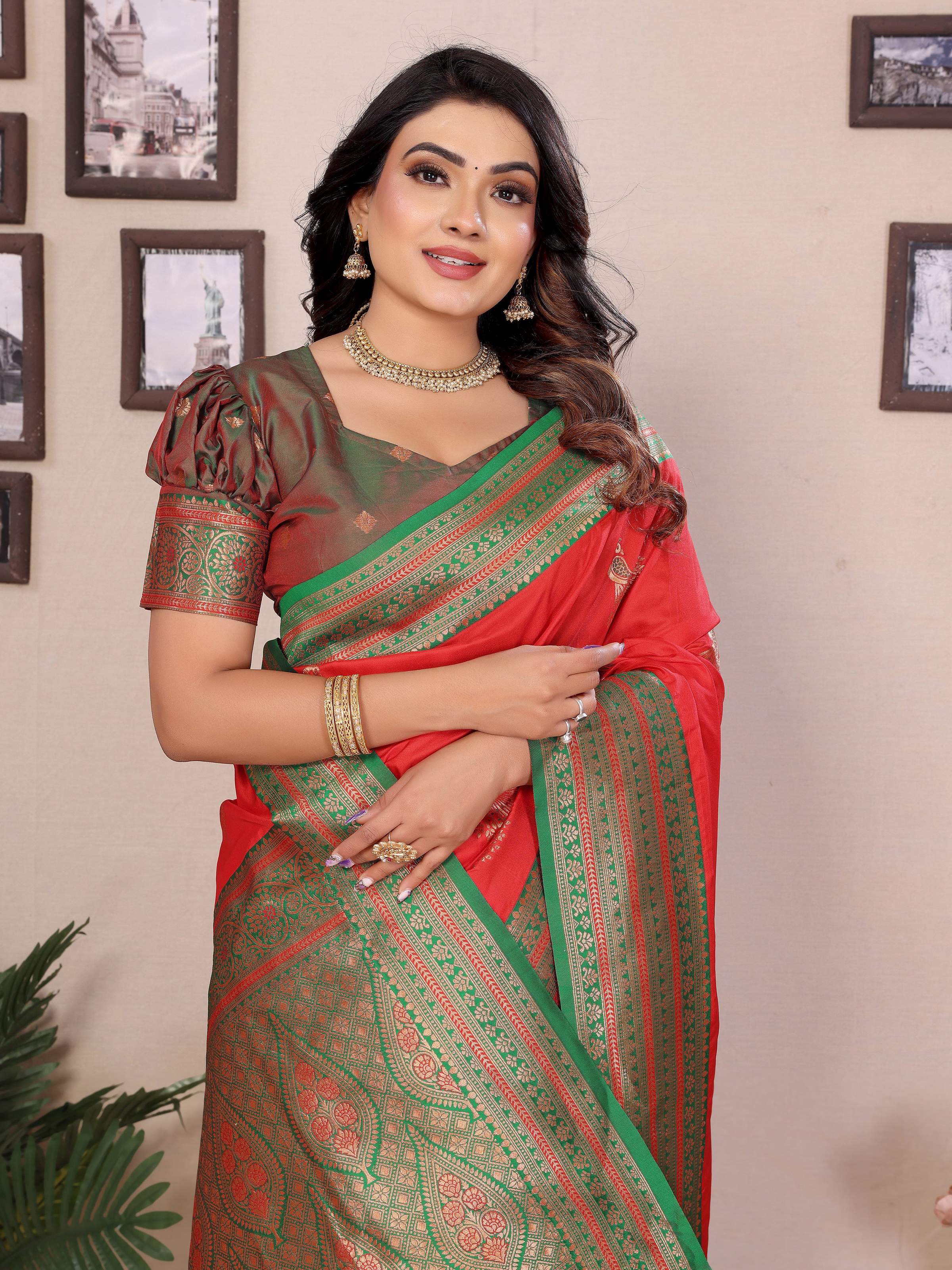 Sonakshi Women's Red Banarasi Silk Zari Woven Traditional Saree with Blouse