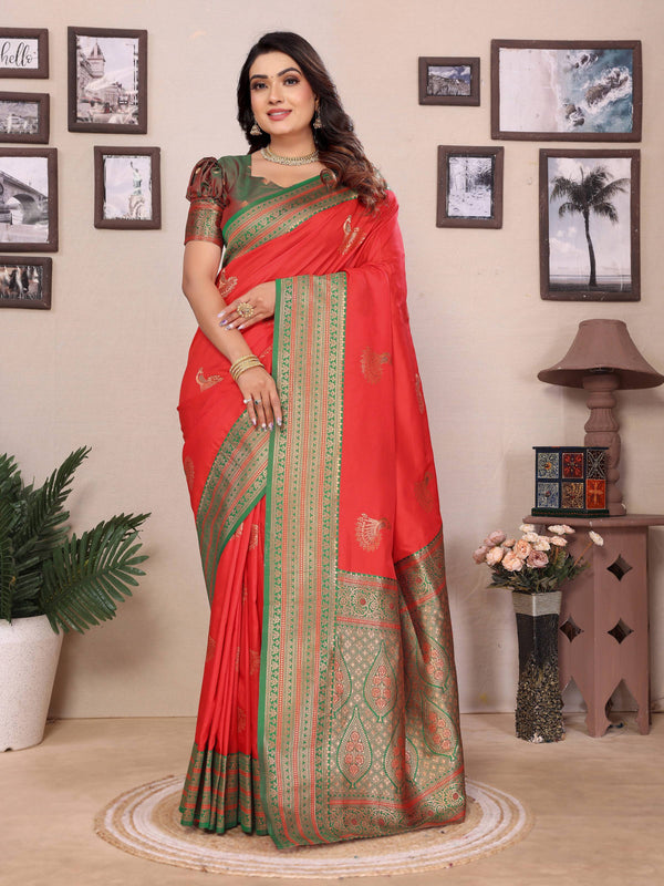 Sonakshi Women's Red Banarasi Silk Zari Woven Traditional Saree with Blouse