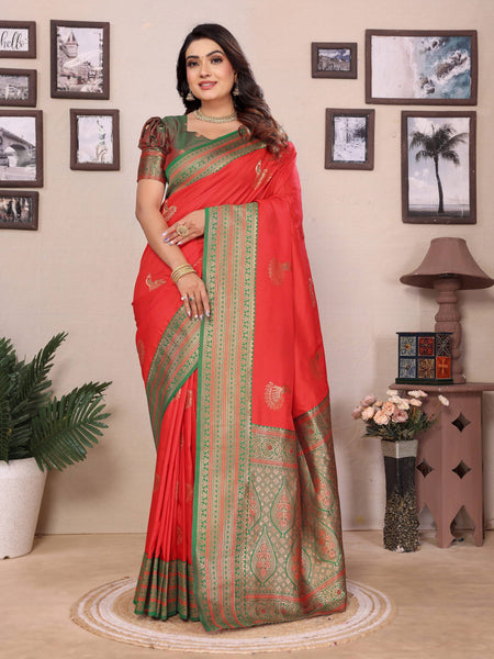 Sonakshi Women's Red Banarasi Silk Zari Woven Traditional Saree with Blouse