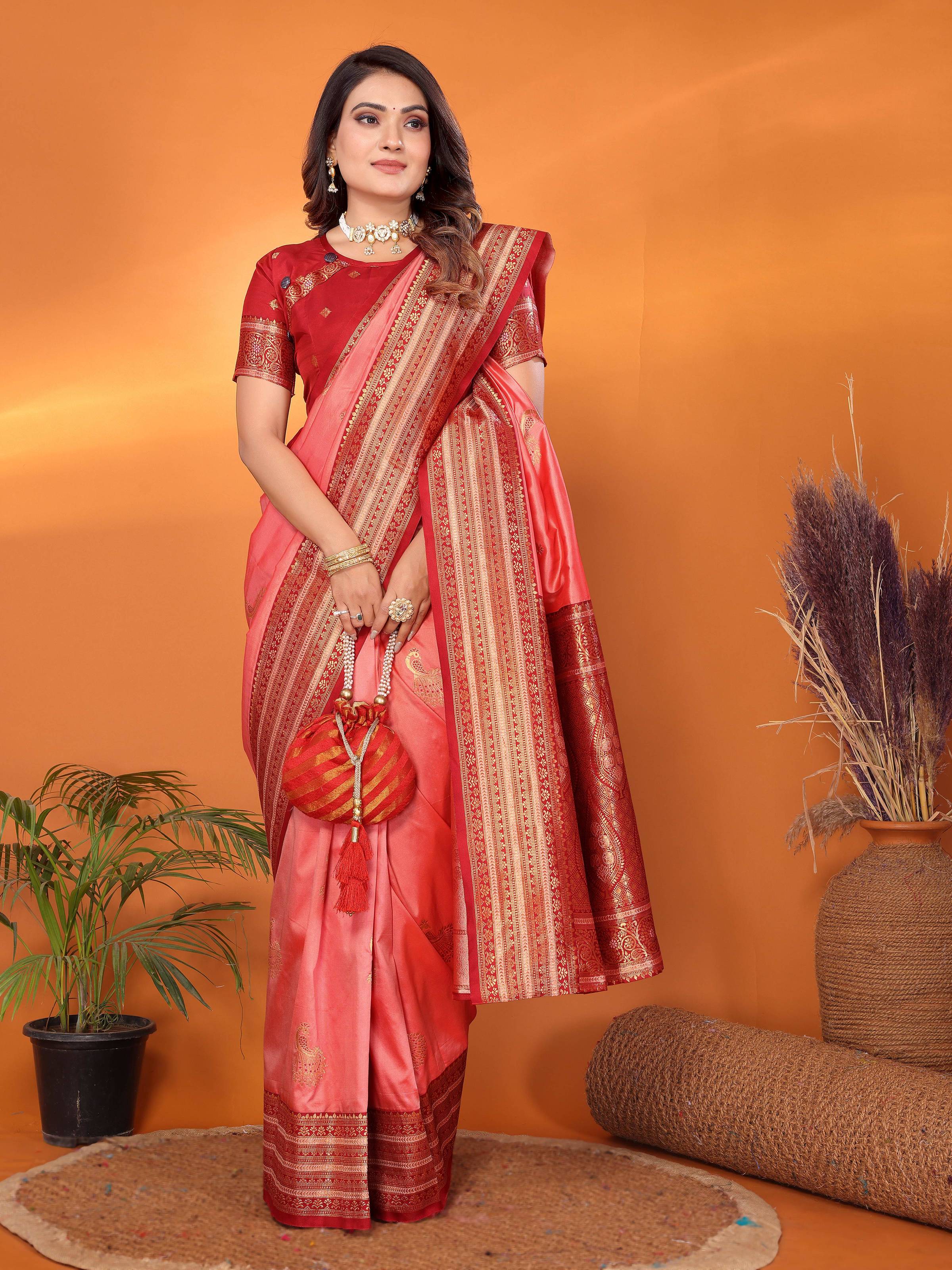 Sonakshi Women's Pink Banarasi Silk Zari Woven Traditional Saree with Blouse