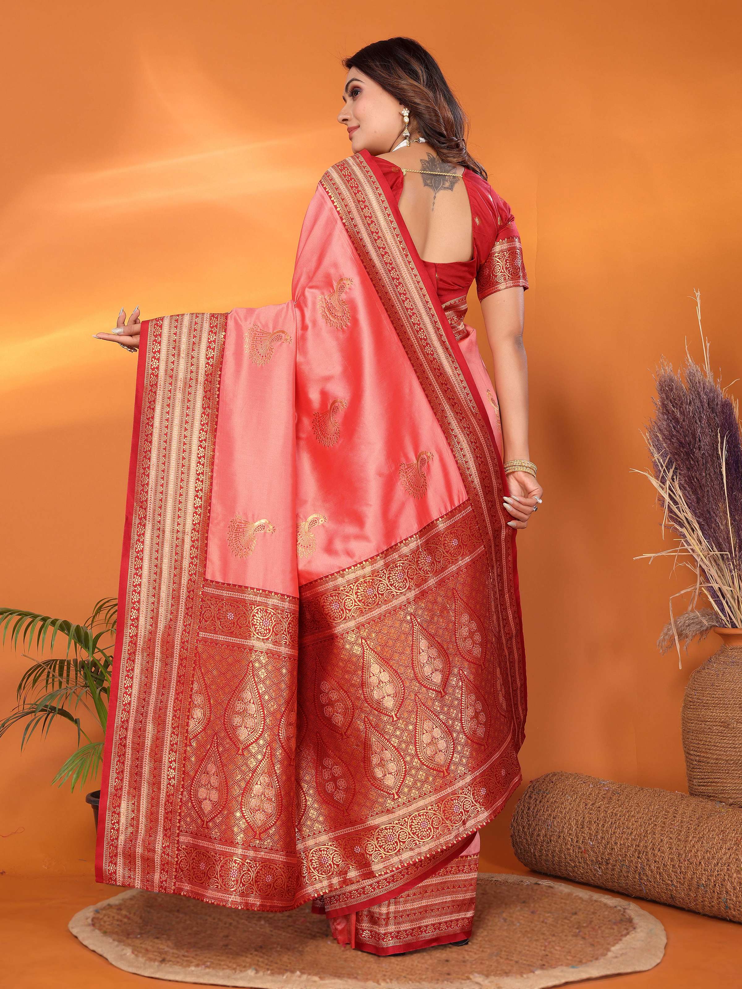 Sonakshi Women's Pink Banarasi Silk Zari Woven Traditional Saree with Blouse
