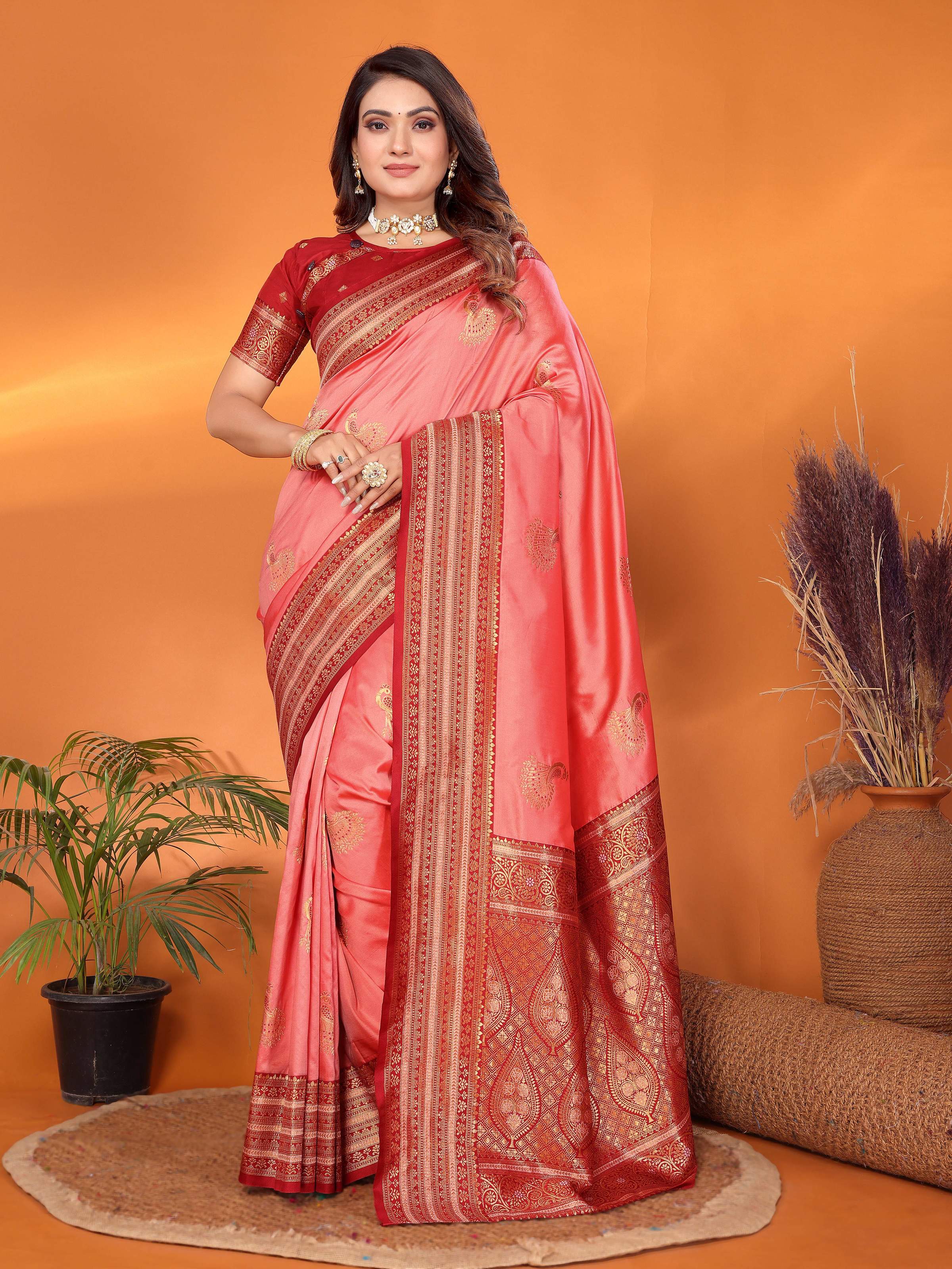 Sonakshi Women's Pink Banarasi Silk Zari Woven Traditional Saree with Blouse